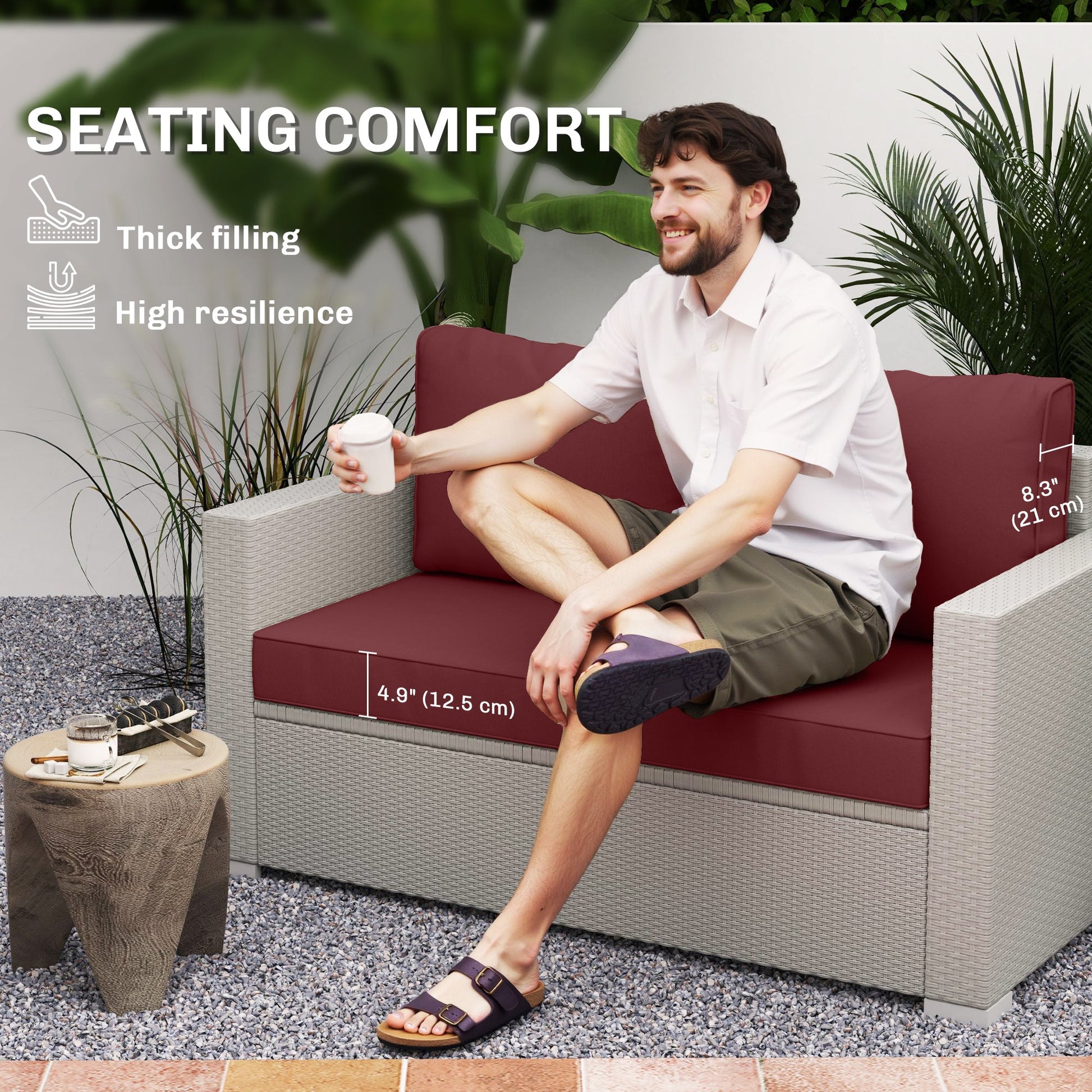 2 Seater Outdoor Seat Cushions with Backrest, Loveseat Double Sofa Outdoor Furniture Cushions, Fade-Resistant Replacement Patio Cushions for Indoor and Outdoor, Wine Red