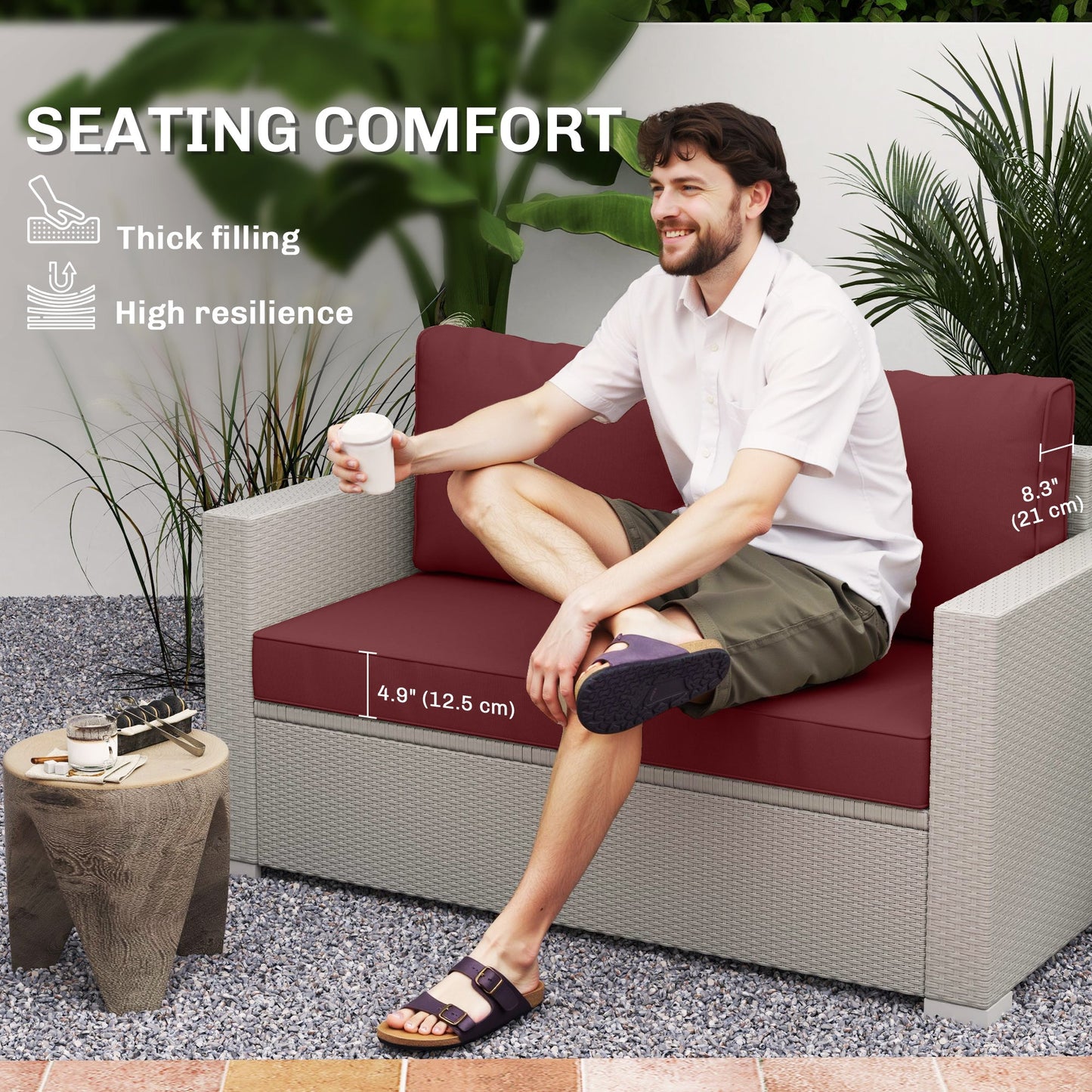 2 Seater Outdoor Seat Cushions with Backrest, Loveseat Double Sofa Outdoor Furniture Cushions, Fade-Resistant Replacement Patio Cushions for Indoor and Outdoor, Wine Red