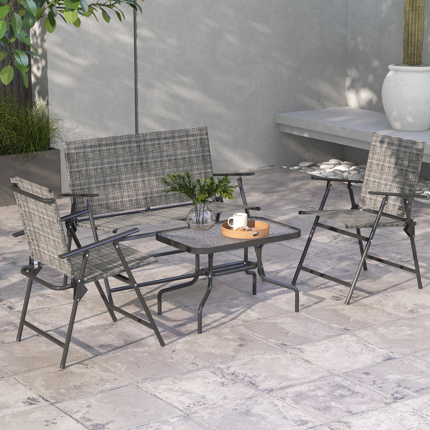 Outdoor 4 Pieces Patio Furniture Set with Foldable Armchairs and Loveseat, Small Patio Coffee Set with Glass Top Table for Backyard Lawn Porch Garden Balcony, Mixed Grey