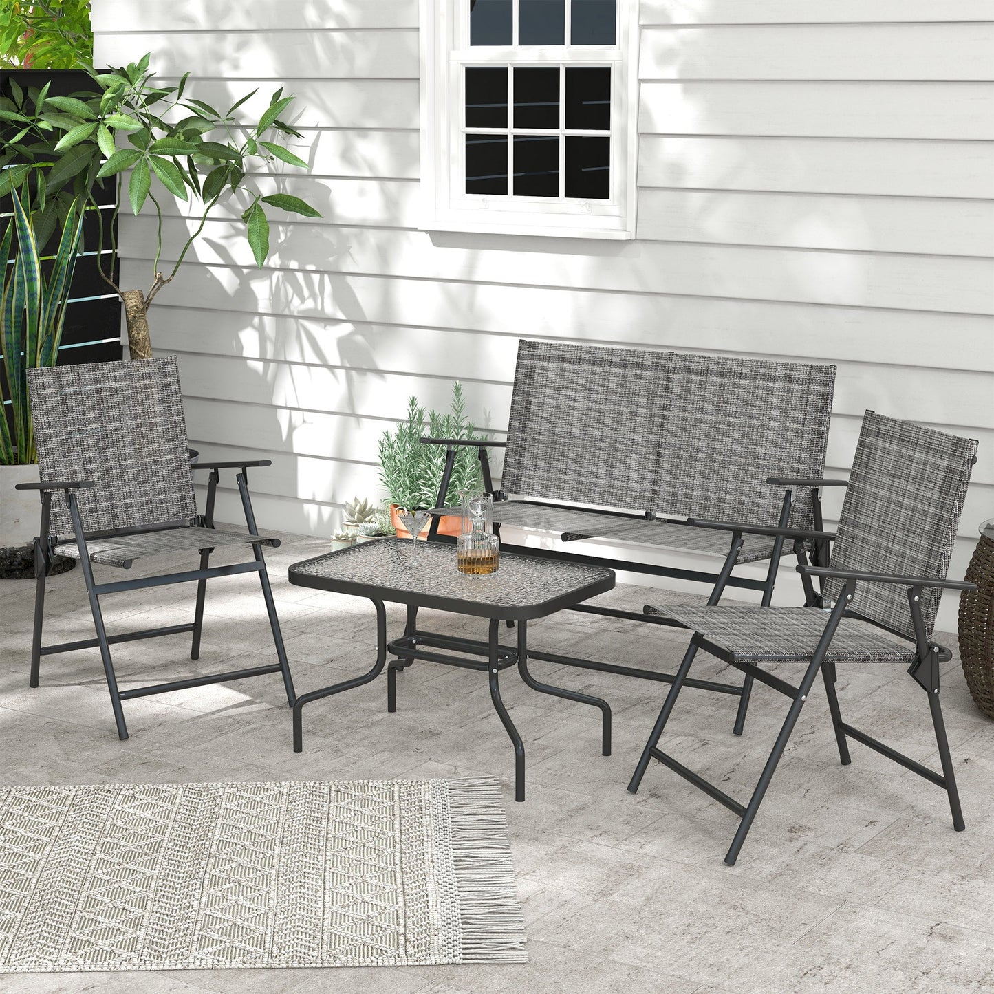 Outdoor 4 Pieces Patio Furniture Set with Foldable Armchairs and Loveseat, Small Patio Coffee Set with Glass Top Table for Backyard Lawn Porch Garden Balcony, Mixed Grey