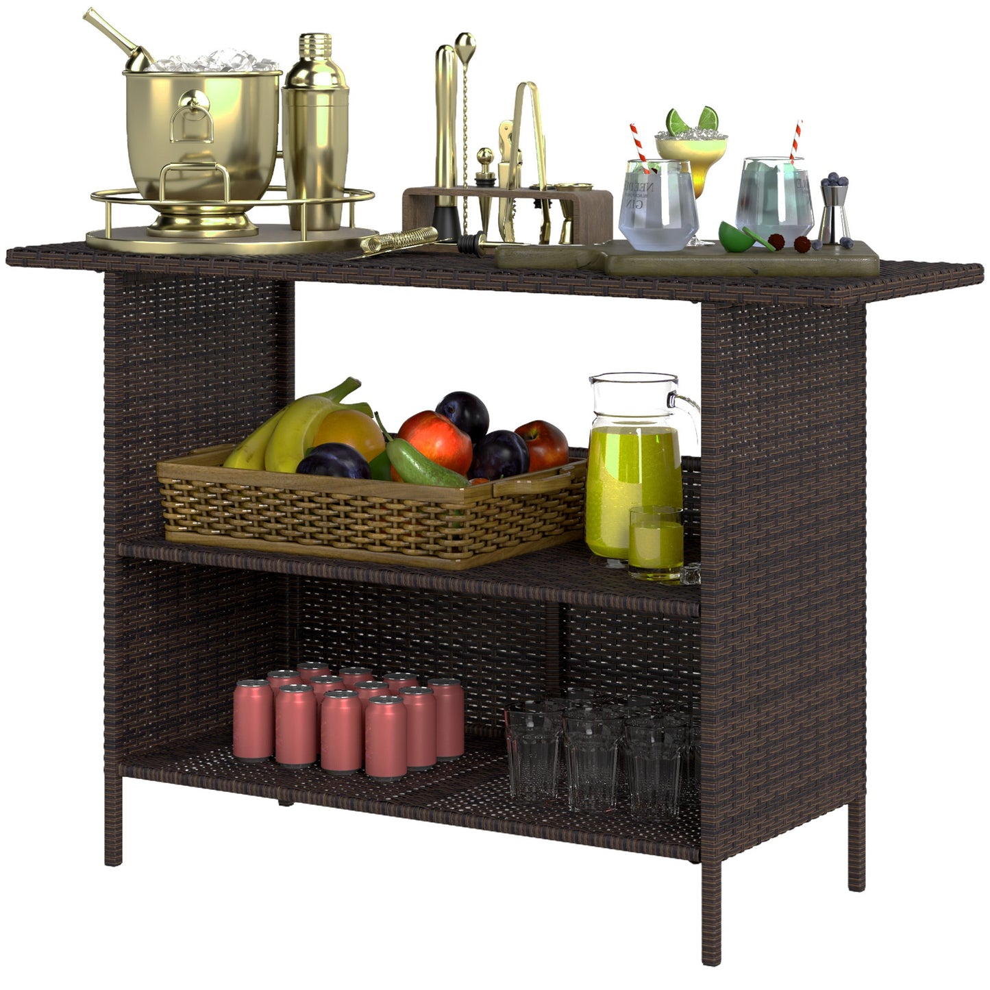 Wicker Outdoor Bar Table, PE Rattan Bar Height Patio Table with 2 Shelves, All Weather Patio Bar Table with Steel Frame for Garden, Backyard, Poolside, Dark Brown