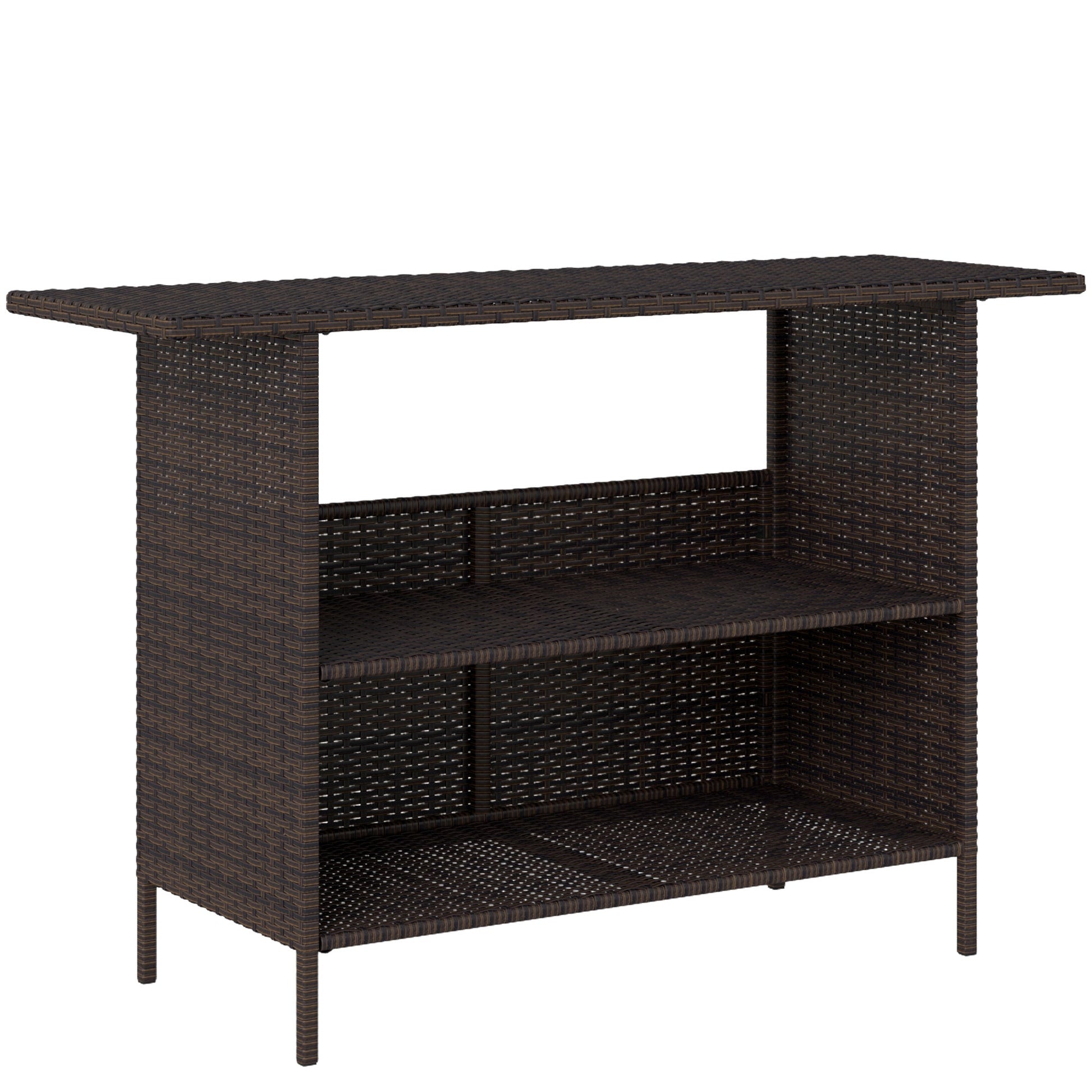 Wicker Outdoor Bar Table, PE Rattan Bar Height Patio Table with 2 Shelves, All Weather Patio Bar Table with Steel Frame for Garden, Backyard, Poolside, Dark Brown