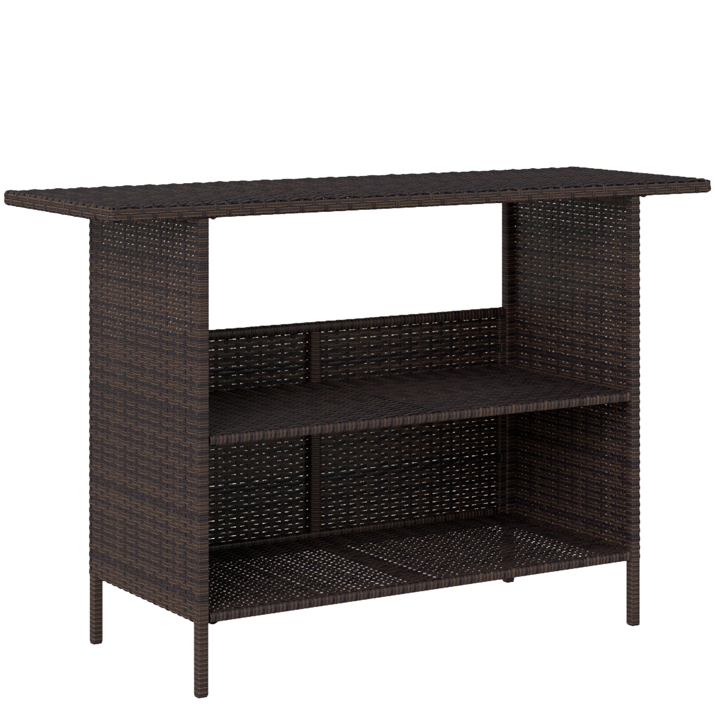 Wicker Outdoor Bar Table, PE Rattan Bar Height Patio Table with 2 Shelves, All Weather Patio Bar Table with Steel Frame for Garden, Backyard, Poolside, Dark Brown
