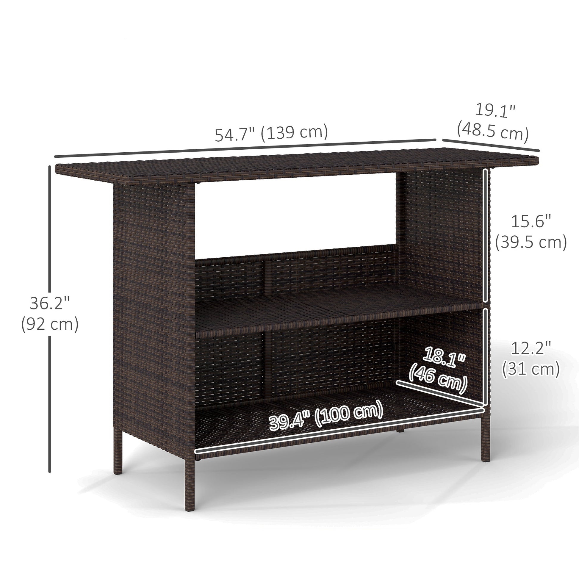 Wicker Outdoor Bar Table, PE Rattan Bar Height Patio Table with 2 Shelves, All Weather Patio Bar Table with Steel Frame for Garden, Backyard, Poolside, Dark Brown