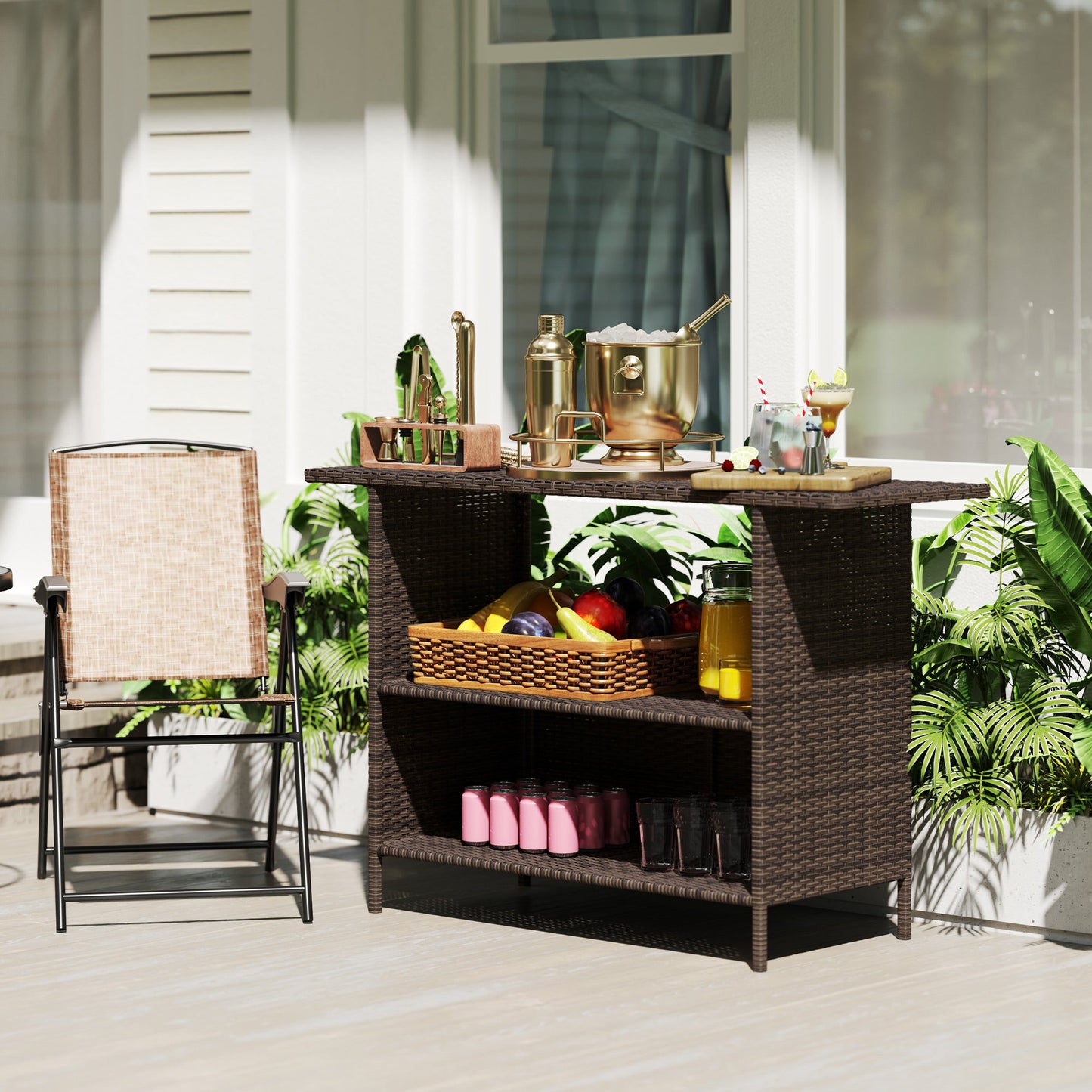 Wicker Outdoor Bar Table, PE Rattan Bar Height Patio Table with 2 Shelves, All Weather Patio Bar Table with Steel Frame for Garden, Backyard, Poolside, Dark Brown