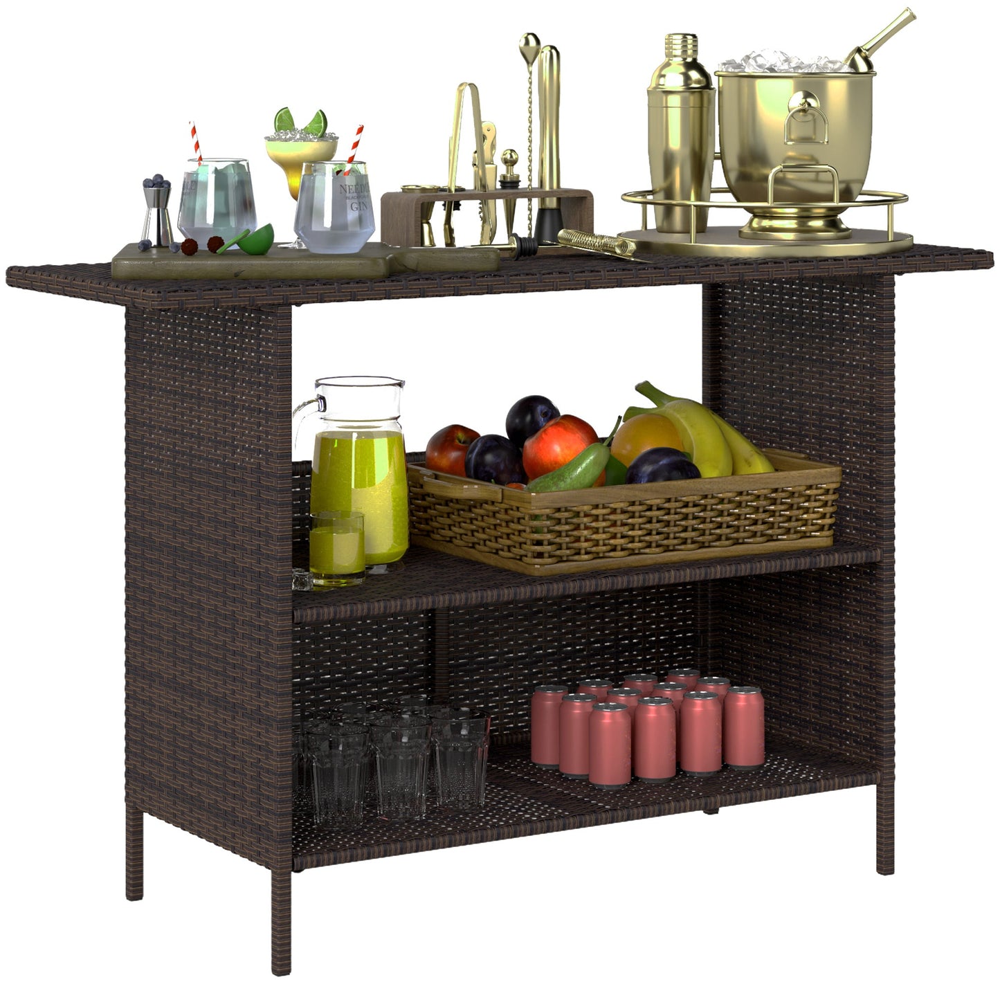 Wicker Outdoor Bar Table, PE Rattan Bar Height Patio Table with 2 Shelves, All Weather Patio Bar Table with Steel Frame for Garden, Backyard, Poolside, Dark Brown