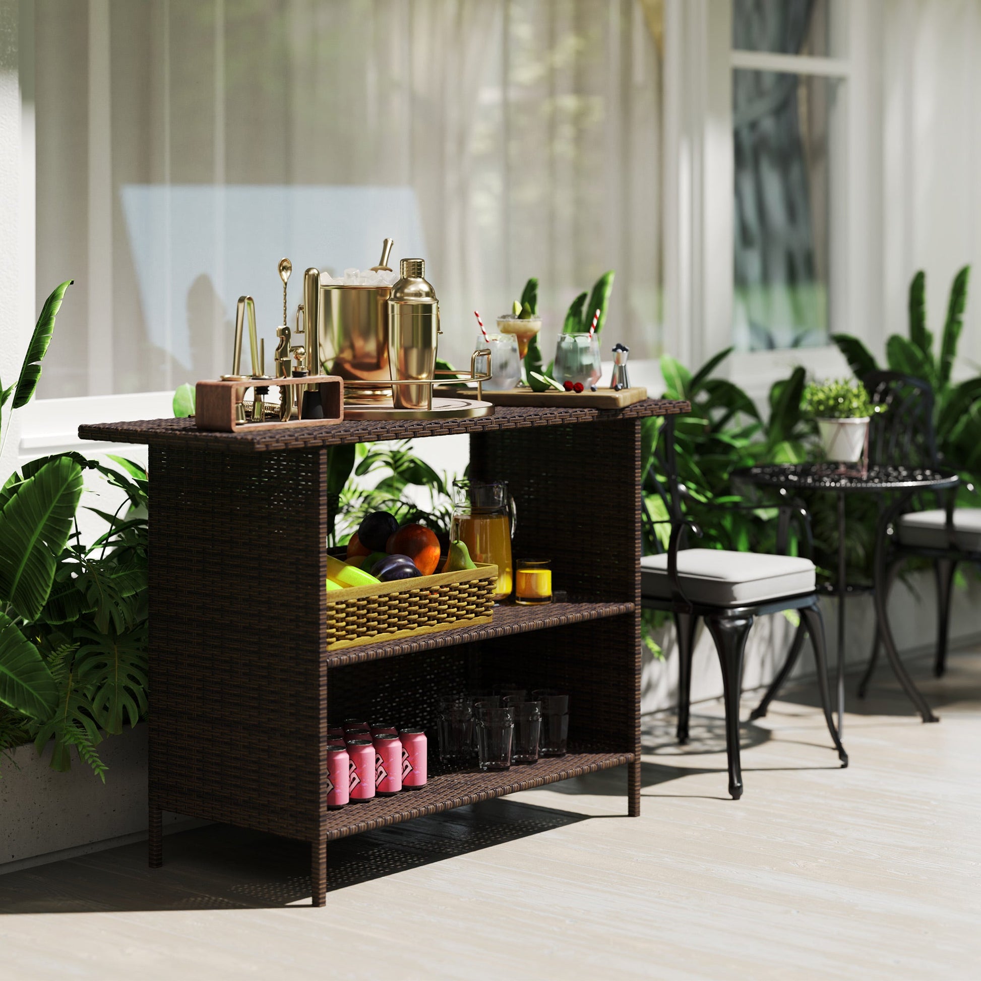 Wicker Outdoor Bar Table, PE Rattan Bar Height Patio Table with 2 Shelves, All Weather Patio Bar Table with Steel Frame for Garden, Backyard, Poolside, Dark Brown