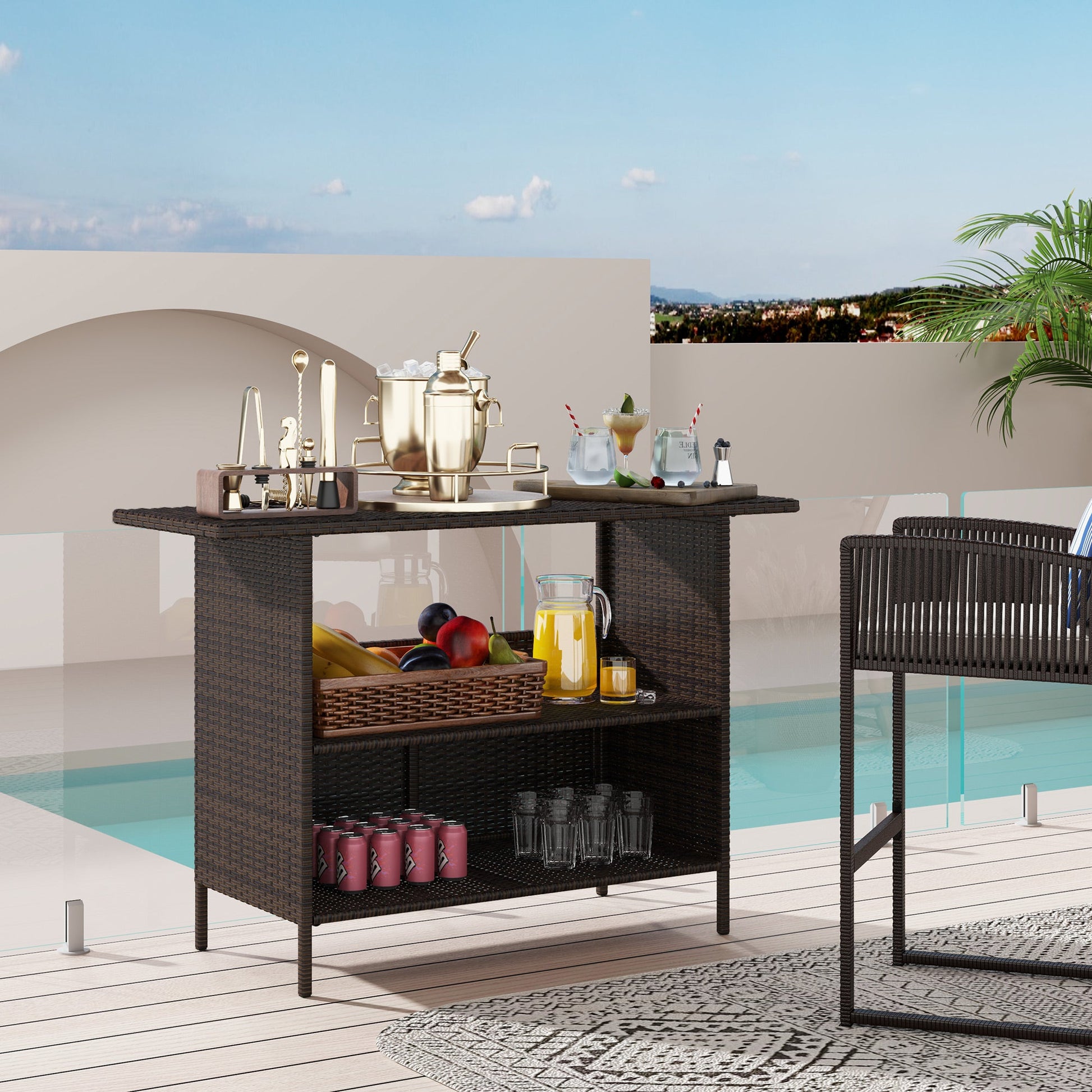 Wicker Outdoor Bar Table, PE Rattan Bar Height Patio Table with 2 Shelves, All Weather Patio Bar Table with Steel Frame for Garden, Backyard, Poolside, Dark Brown