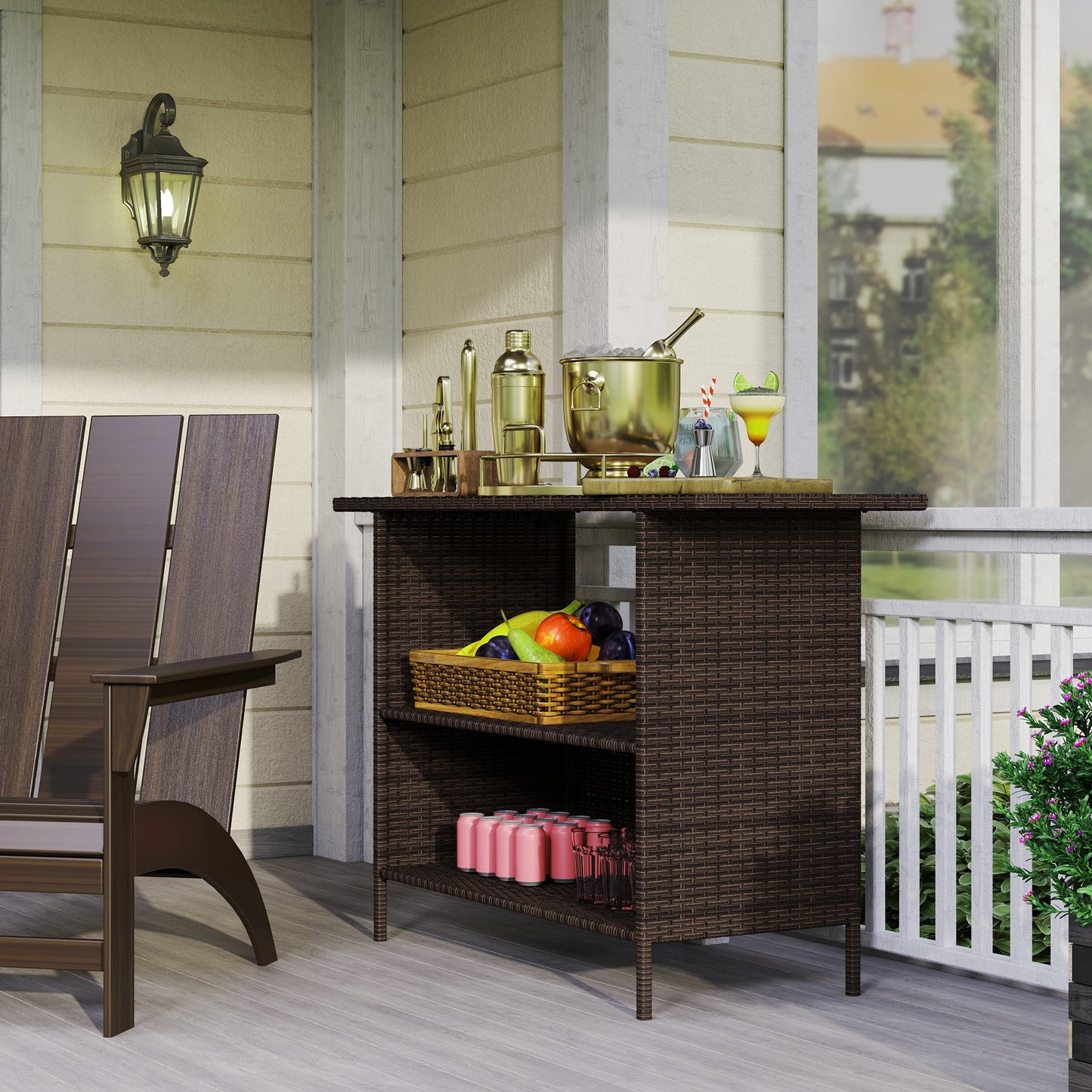 Wicker Outdoor Bar Table, PE Rattan Bar Height Patio Table with 2 Shelves, All Weather Patio Bar Table with Steel Frame for Garden, Backyard, Poolside, Dark Brown