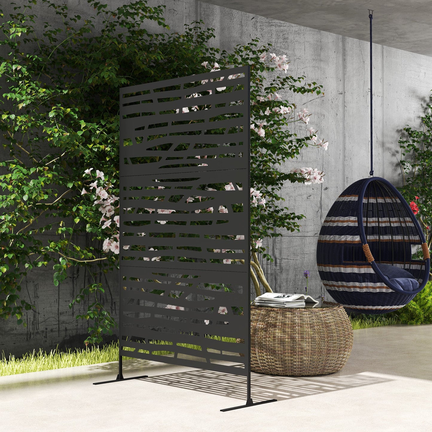 Metal Outdoor Privacy Screen, 78"H x 48"W Decorative Outdoor Divider with Stand, Freestanding Privacy Panel with Striped Hollow Design for Garden, Patio, Backyard, Black