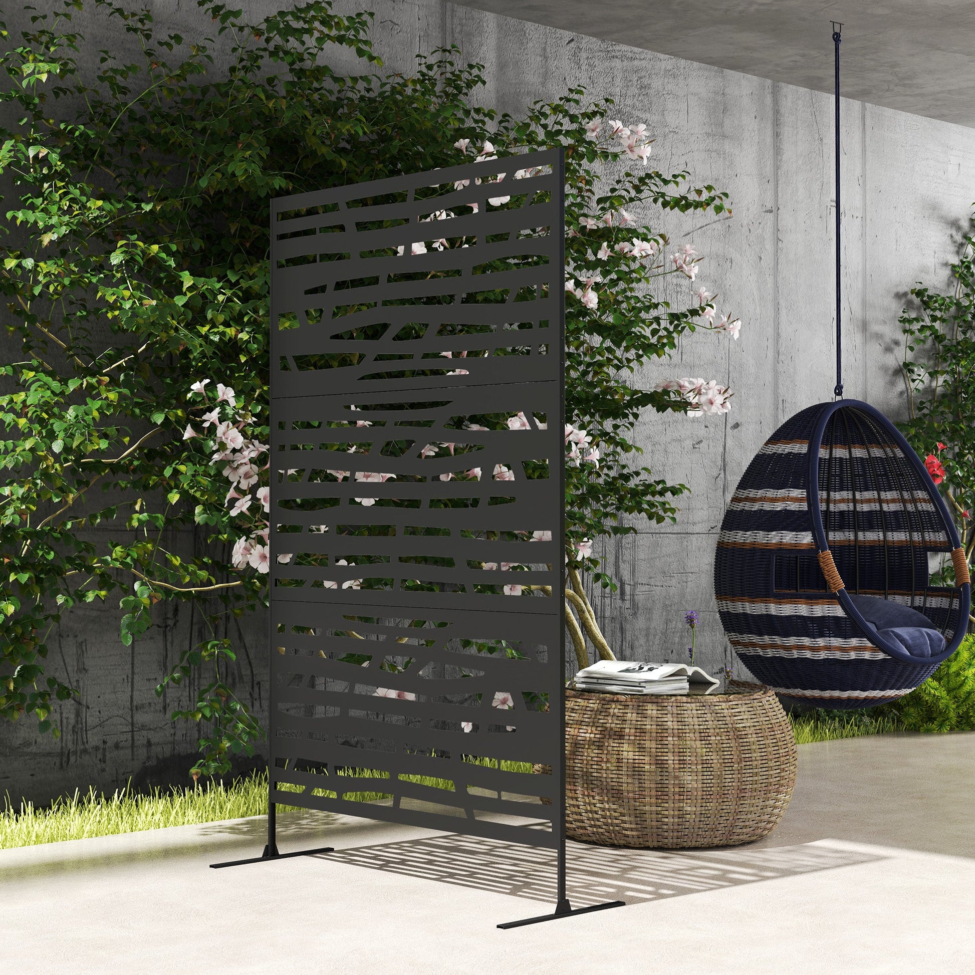 Metal Outdoor Privacy Screen, 78"H x 48"W Decorative Outdoor Divider with Stand, Freestanding Privacy Panel with Striped Hollow Design for Garden, Patio, Backyard, Black