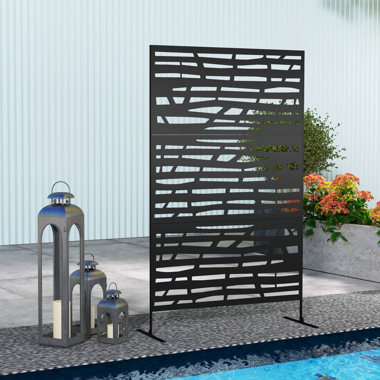 Metal Outdoor Privacy Screen, 78"H x 48"W Decorative Outdoor Divider with Stand, Freestanding Privacy Panel with Striped Hollow Design for Garden, Patio, Backyard, Black