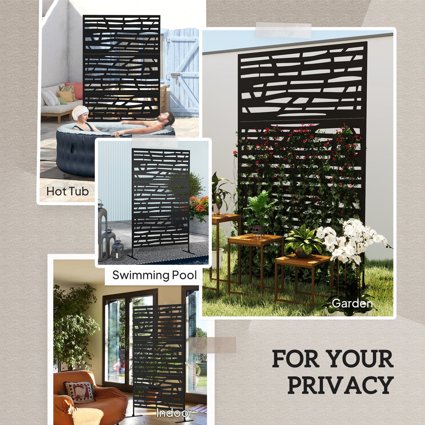 Metal Outdoor Privacy Screen, 78"H x 48"W Decorative Outdoor Divider with Stand, Freestanding Privacy Panel with Striped Hollow Design for Garden, Patio, Backyard, Black