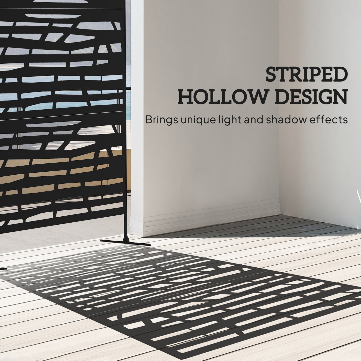 Metal Outdoor Privacy Screen, 78"H x 48"W Decorative Outdoor Divider with Stand, Freestanding Privacy Panel with Striped Hollow Design for Garden, Patio, Backyard, Black