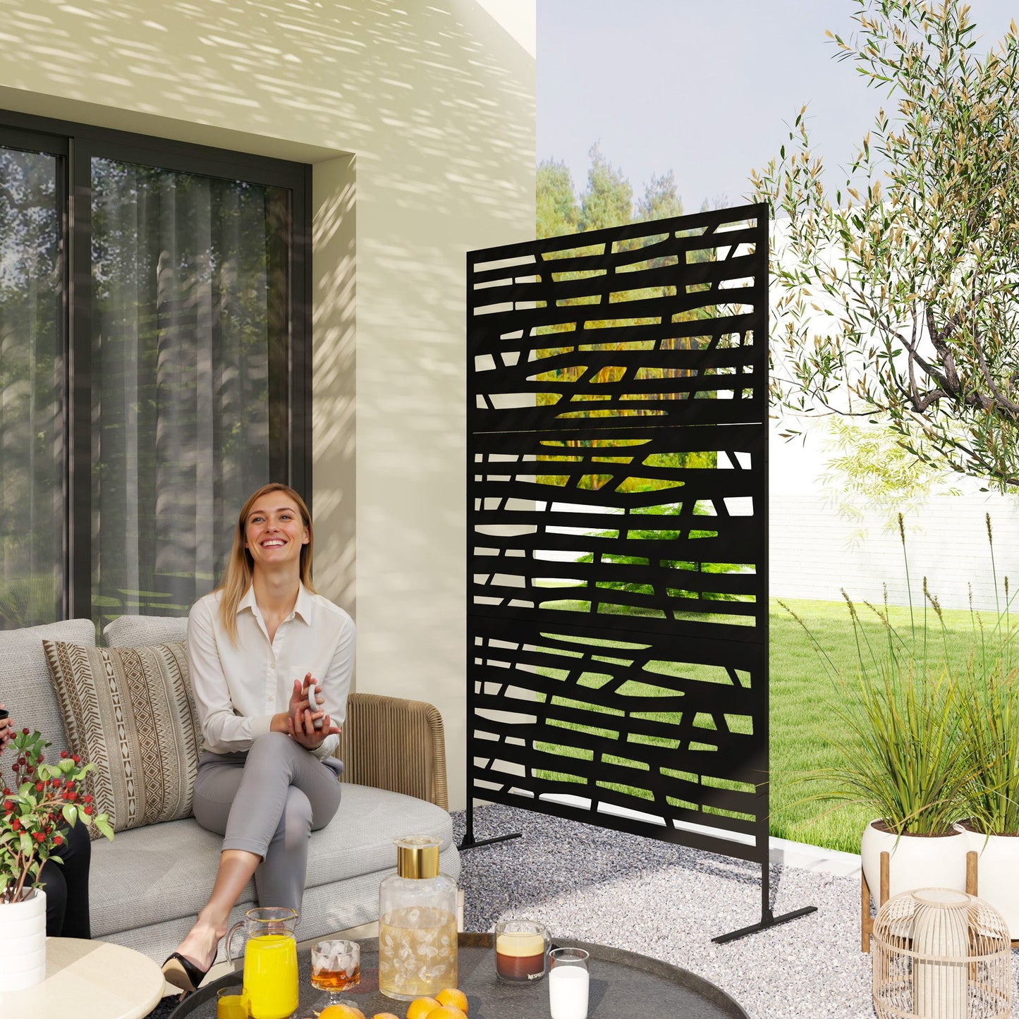Metal Outdoor Privacy Screen, 78"H x 48"W Decorative Outdoor Divider with Stand, Freestanding Privacy Panel with Striped Hollow Design for Garden, Patio, Backyard, Black