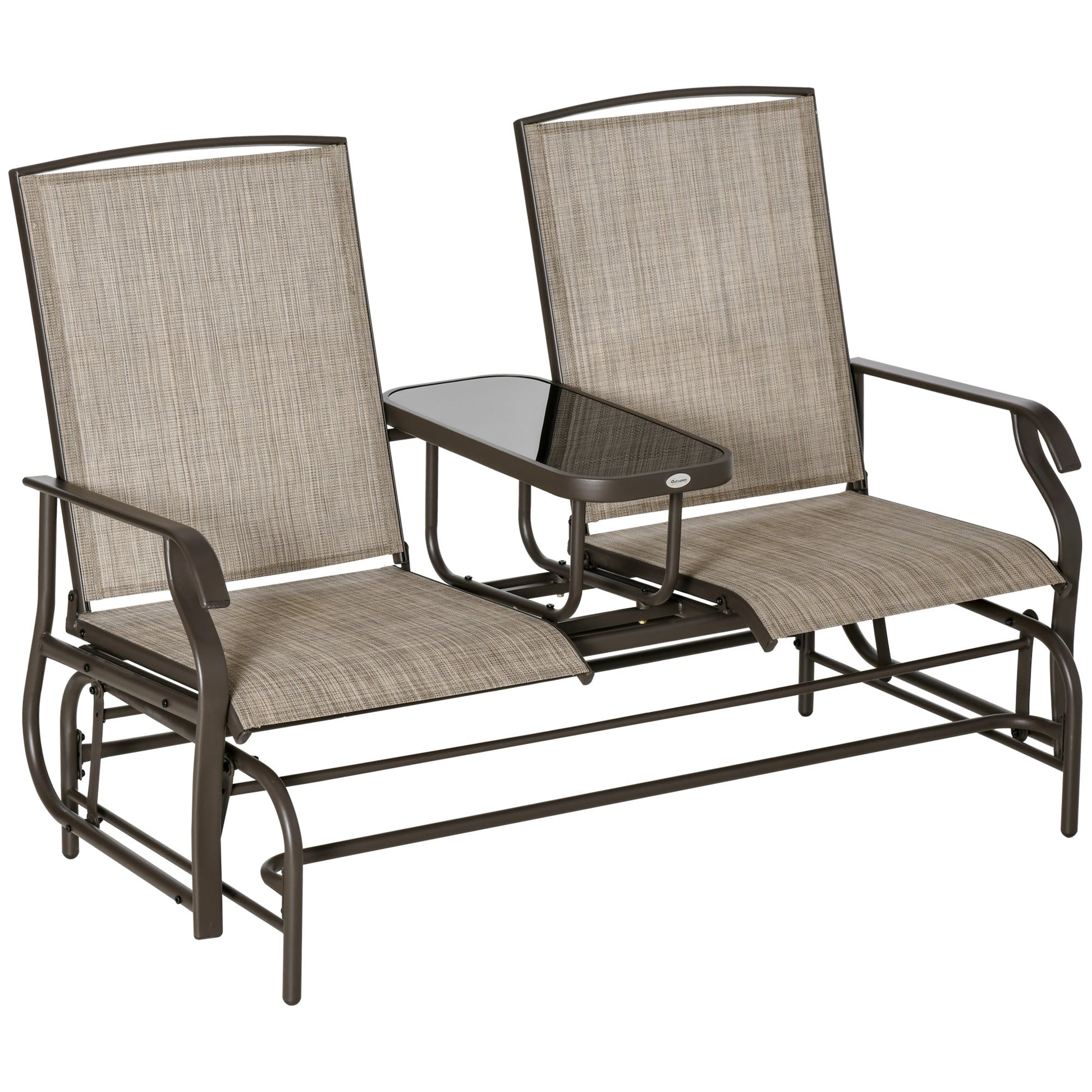 Outdoor Glider Bench with Table, Patio Loveseat for 2 Persons, Garden Glider Rocking Chair with Breathable Mesh Fabric, Flaxen