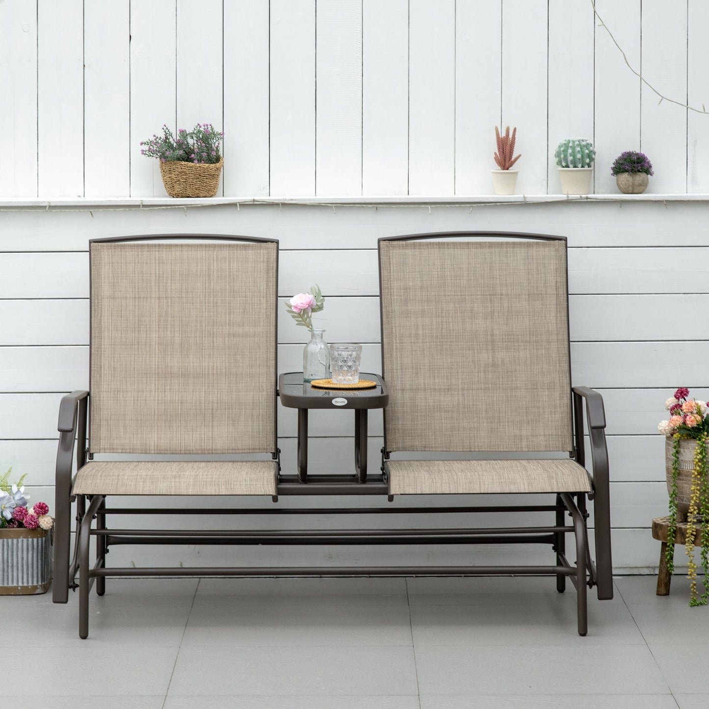Outdoor Glider Bench with Table, Patio Loveseat for 2 Persons, Garden Glider Rocking Chair with Breathable Mesh Fabric, Flaxen
