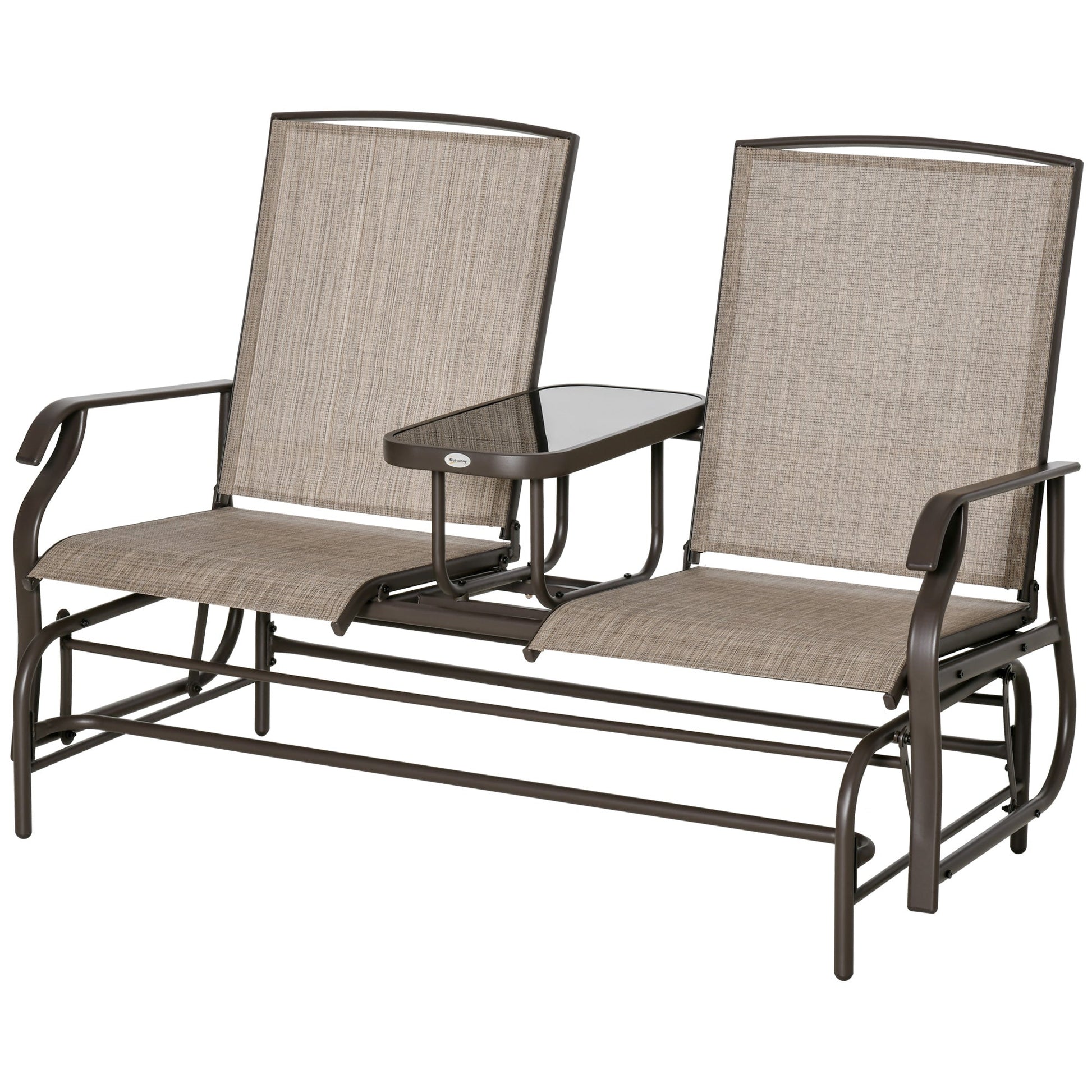 Outdoor Glider Bench with Table, Patio Loveseat for 2 Persons, Garden Glider Rocking Chair with Breathable Mesh Fabric, Flaxen
