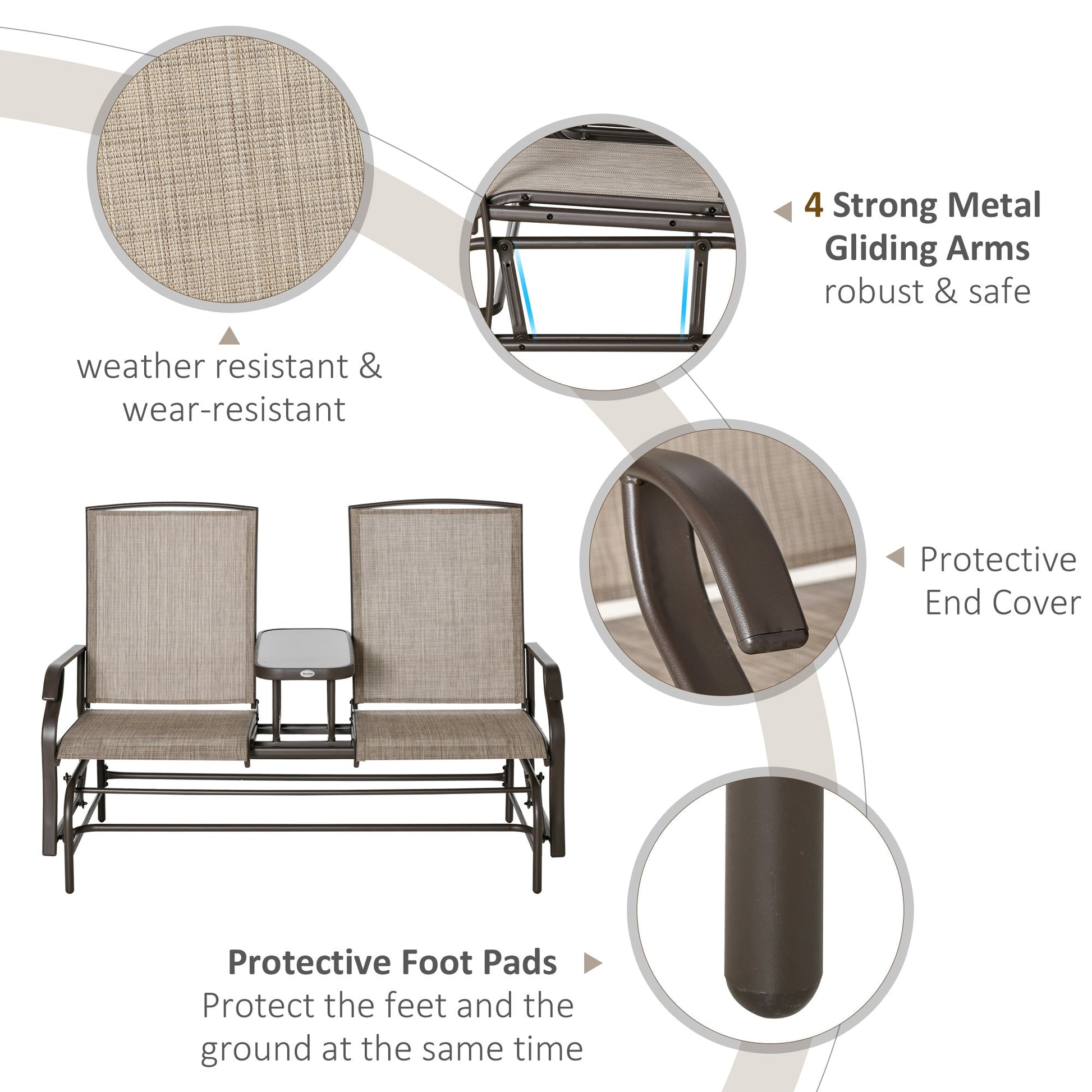 Outdoor Glider Bench with Table, Patio Loveseat for 2 Persons, Garden Glider Rocking Chair with Breathable Mesh Fabric, Flaxen