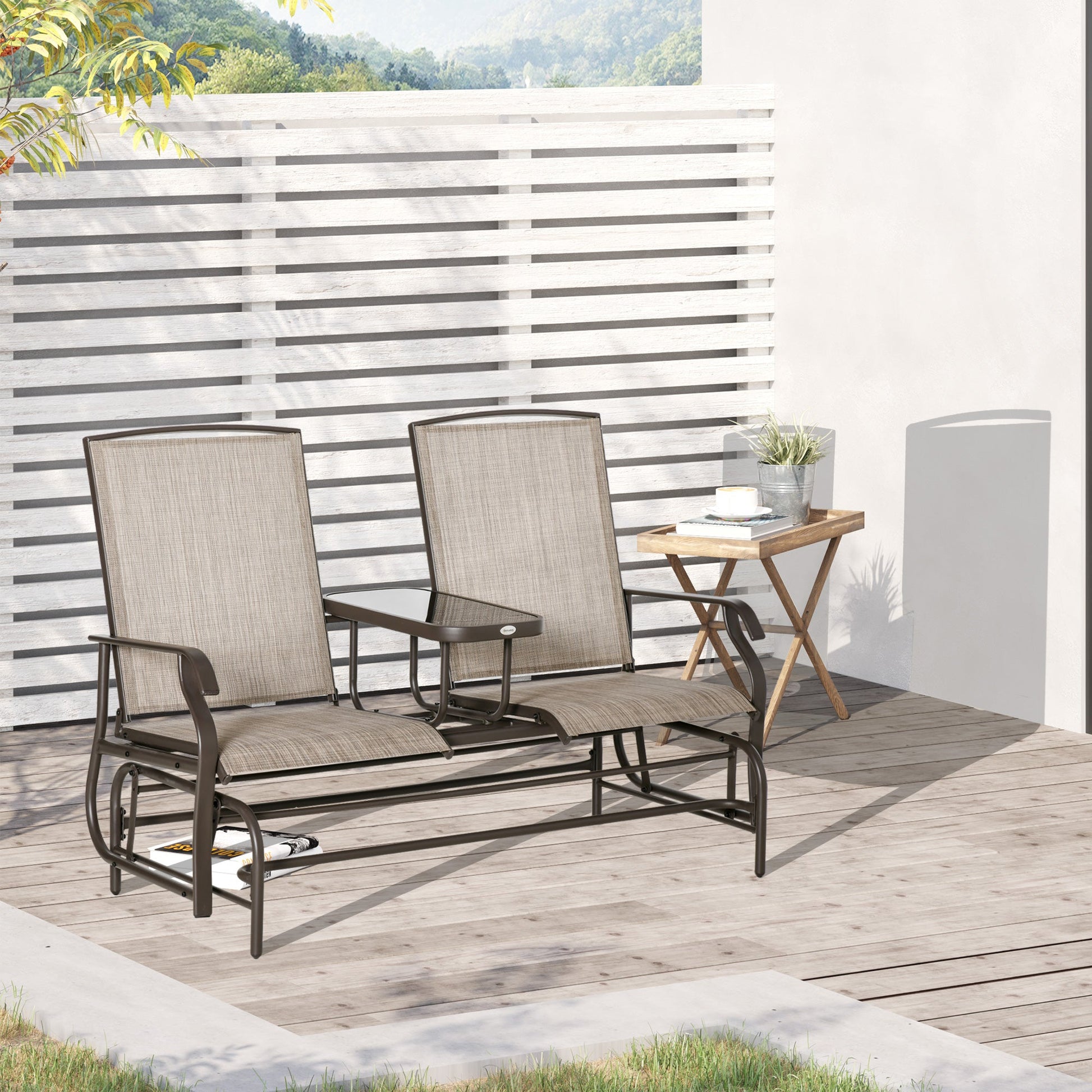 Outdoor Glider Bench with Table, Patio Loveseat for 2 Persons, Garden Glider Rocking Chair with Breathable Mesh Fabric, Flaxen