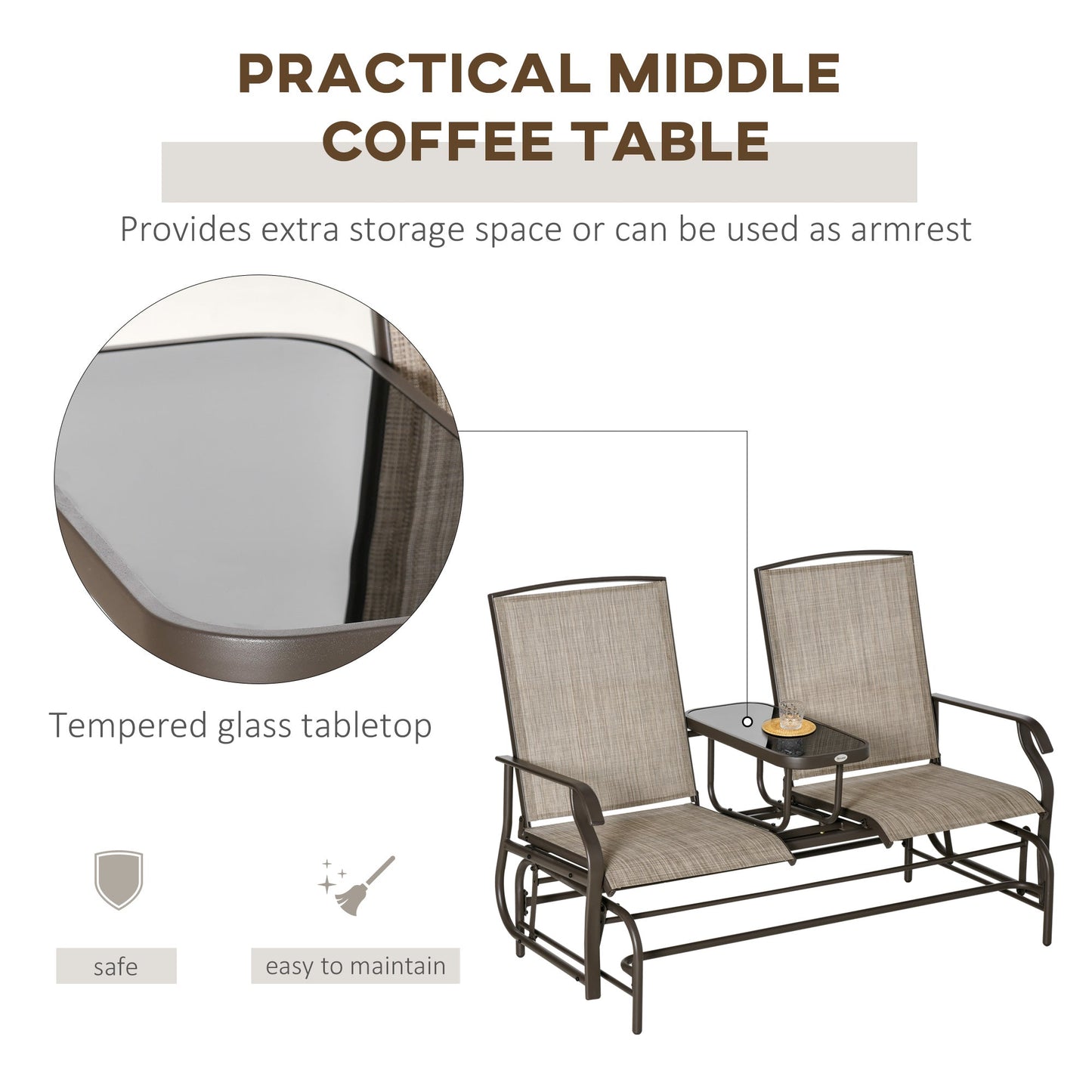 Outdoor Glider Bench with Table, Patio Loveseat for 2 Persons, Garden Glider Rocking Chair with Breathable Mesh Fabric, Flaxen
