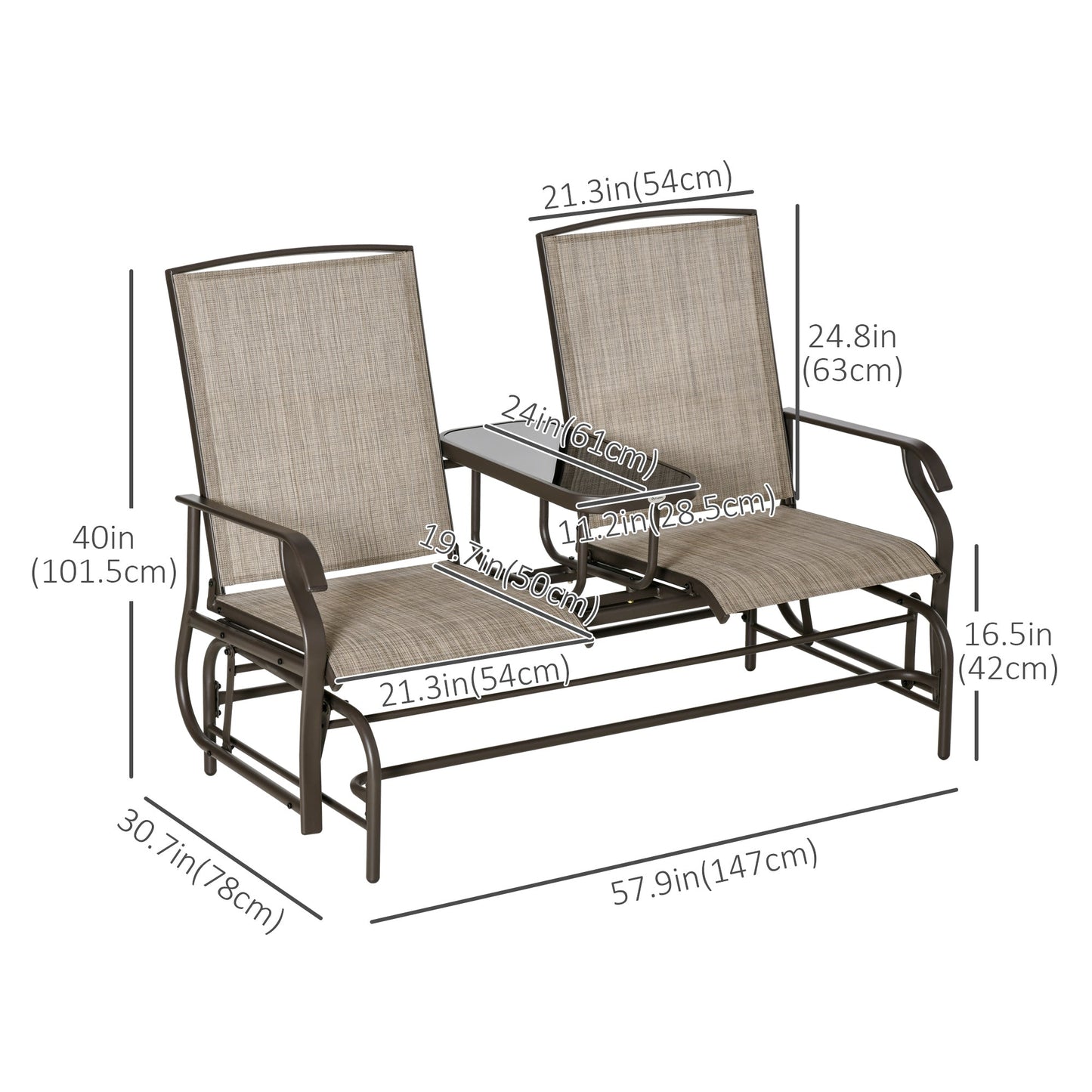 Outdoor Glider Bench with Table, Patio Loveseat for 2 Persons, Garden Glider Rocking Chair with Breathable Mesh Fabric, Flaxen