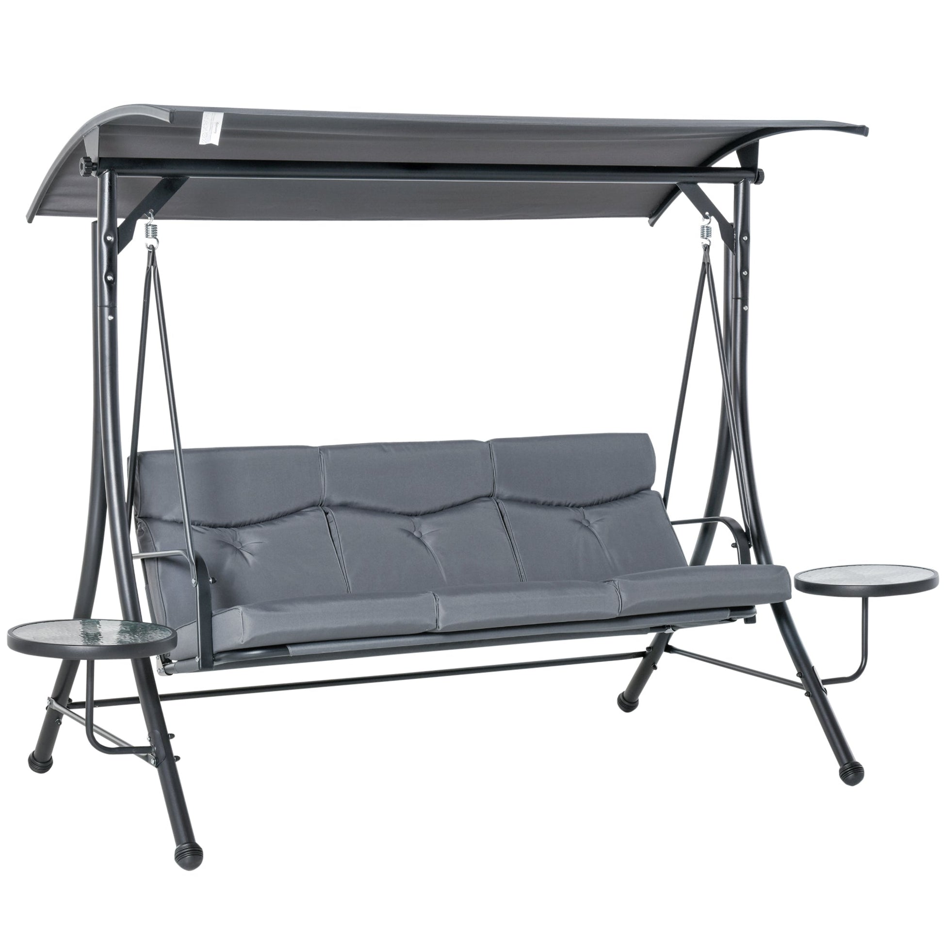 3 Seat Outdoor Swing Chair Steel Swing Bench Porch Swing With Adjustable Canopy, Coffee Tables and Cushion for Patio Garden, Dark Grey