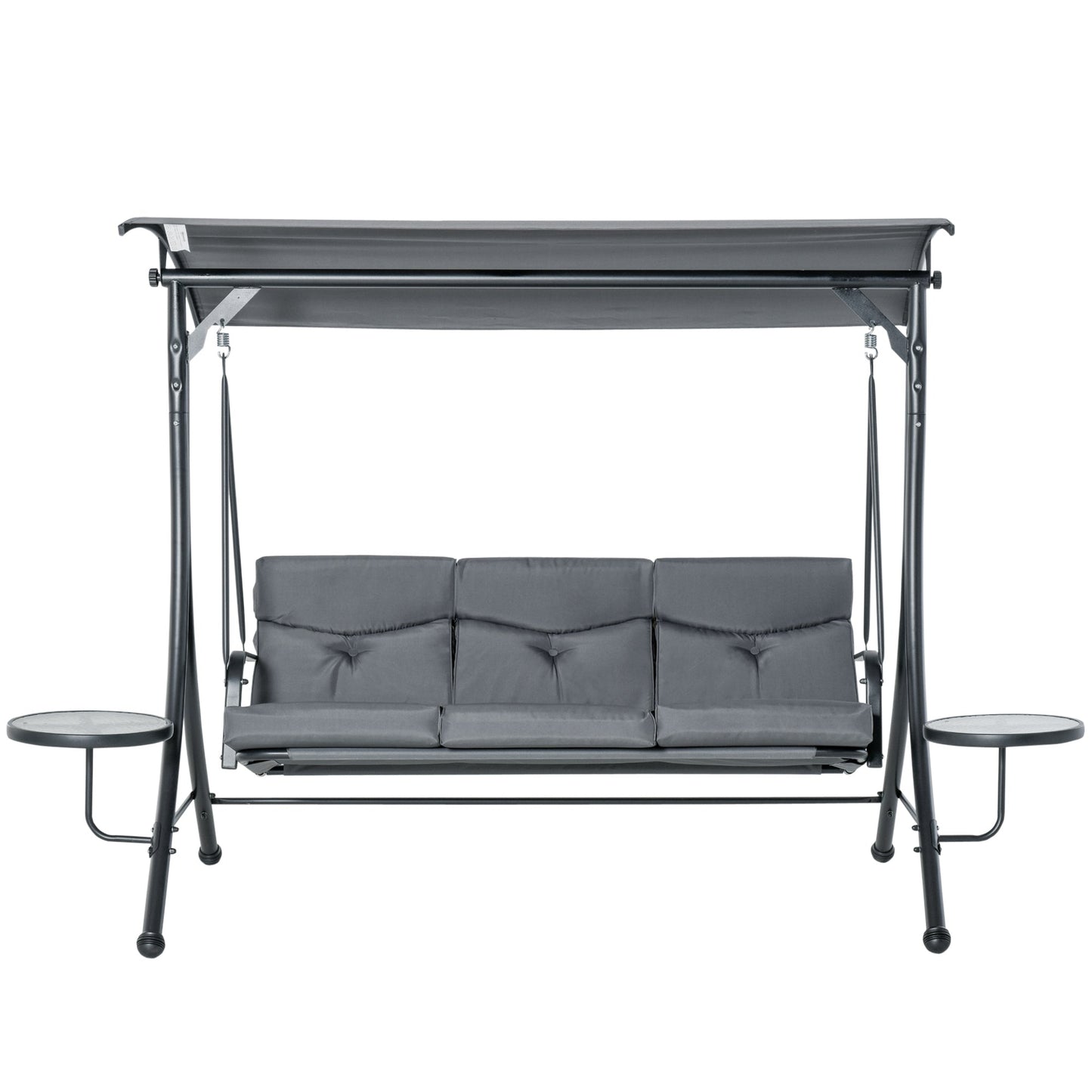 3 Seat Outdoor Swing Chair Steel Swing Bench Porch Swing With Adjustable Canopy, Coffee Tables and Cushion for Patio Garden, Dark Grey