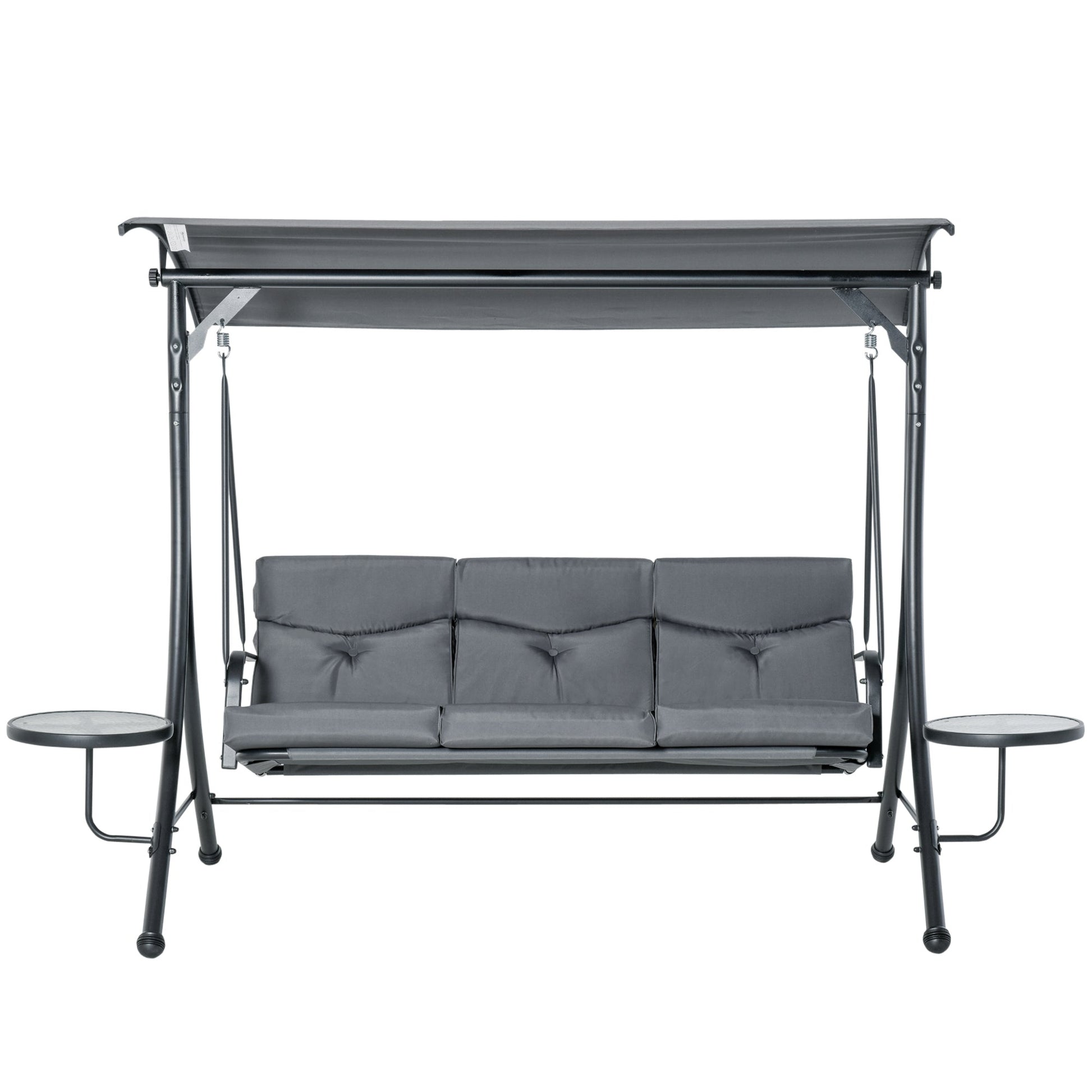 3 Seat Outdoor Swing Chair Steel Swing Bench Porch Swing With Adjustable Canopy, Coffee Tables and Cushion for Patio Garden, Dark Grey