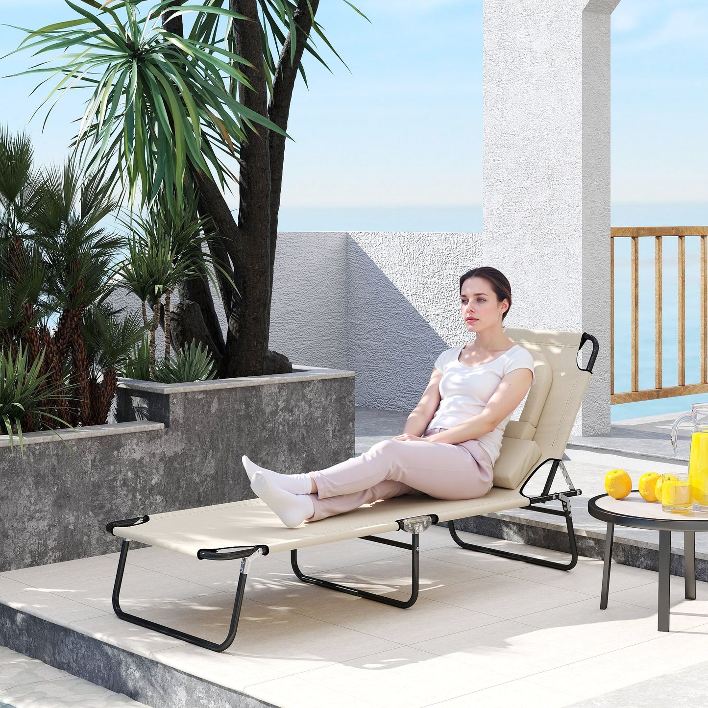 Adjustable Outdoor Lounge Chair, Garden Folding Chaise Lounge with Face Hole Reclining Tanning Chair Seat, Folding Camping Beach Lounging Bed w/ Support Pillow, Beige