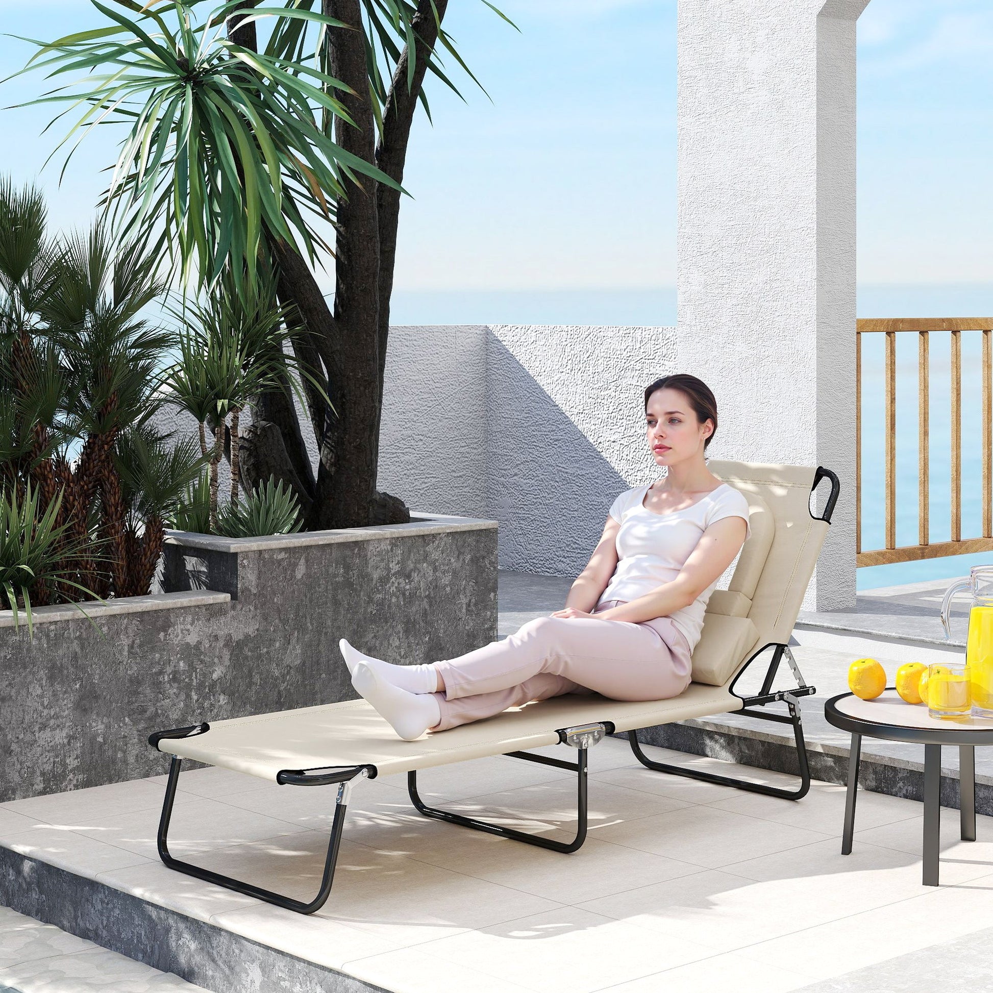 Adjustable Outdoor Lounge Chair, Garden Folding Chaise Lounge with Face Hole Reclining Tanning Chair Seat, Folding Camping Beach Lounging Bed w/ Support Pillow, Beige