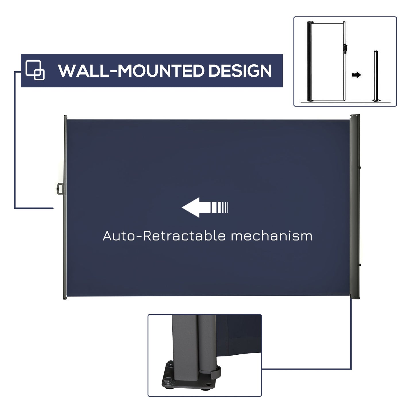 118" x 79" Retractable Side Awning Patio Outdoor Folding Privacy Screen with Resistance to UV Rays & Wind, Dark Blue
