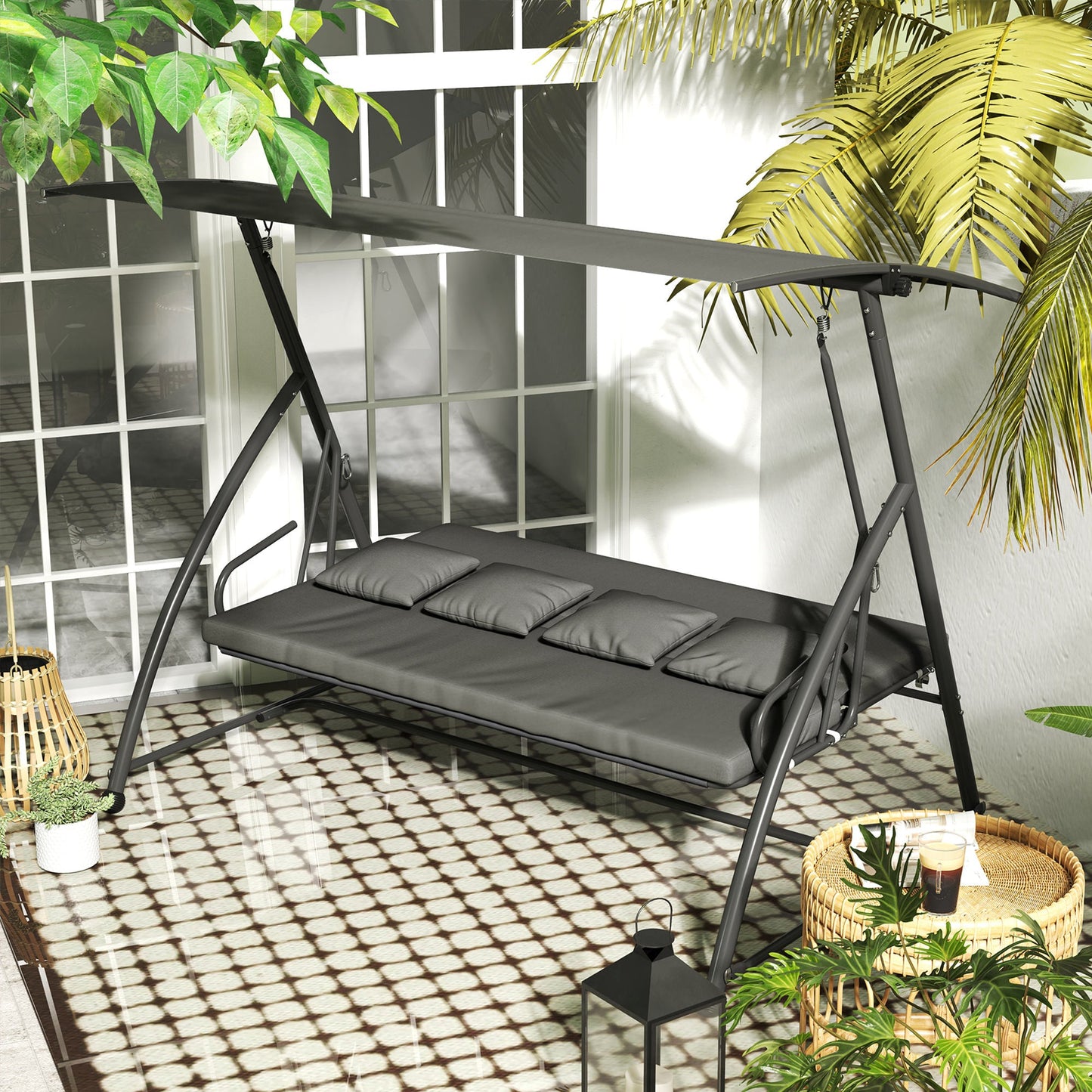 Patio Swing Chair, 3 Person Convertible Hammock, Outdoor Swing Lounge Bed, Cushioned with Tilt Canopy, Dark Grey