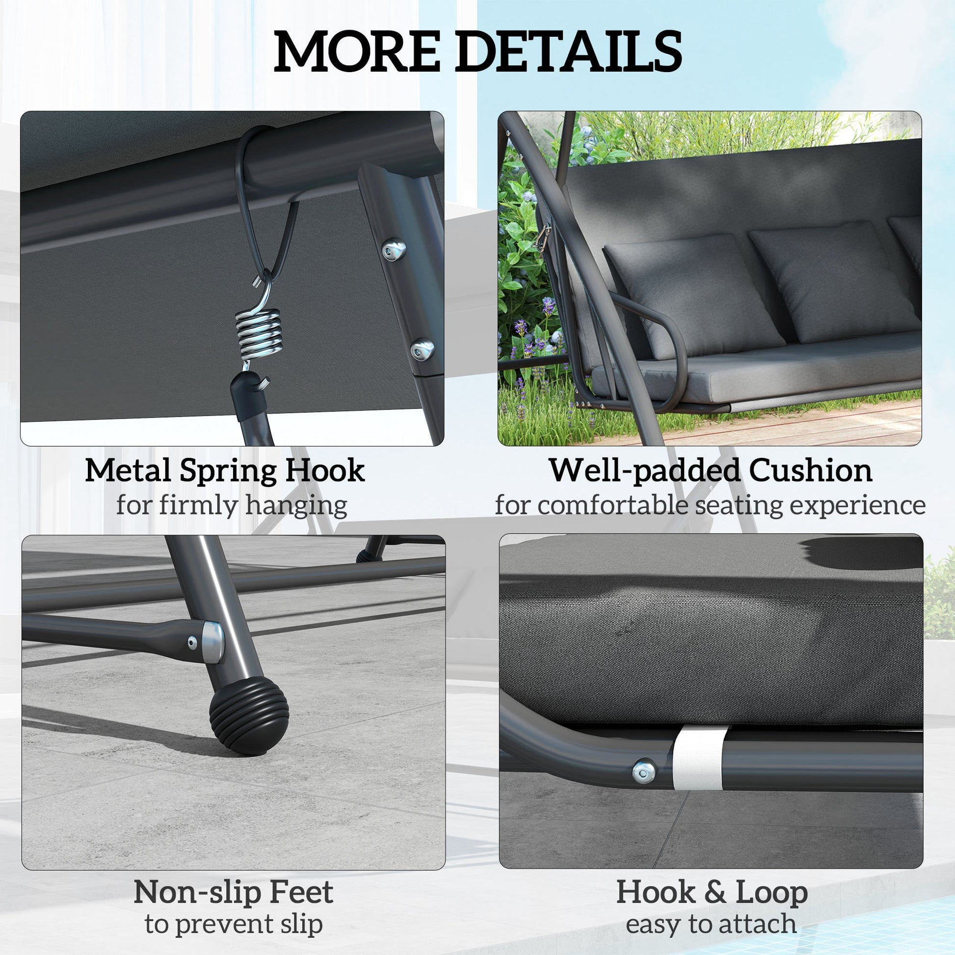 Patio Swing Chair, 3 Person Convertible Hammock, Outdoor Swing Lounge Bed, Cushioned with Tilt Canopy, Dark Grey