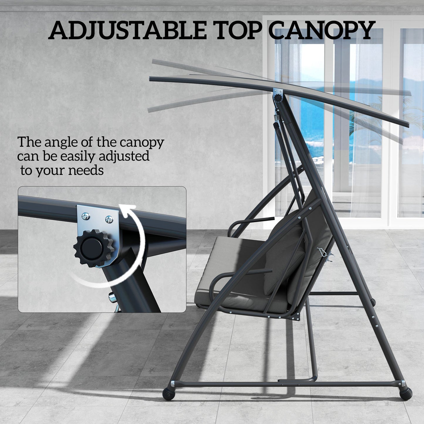 Patio Swing Chair, 3 Person Convertible Hammock, Outdoor Swing Lounge Bed, Cushioned with Tilt Canopy, Dark Grey