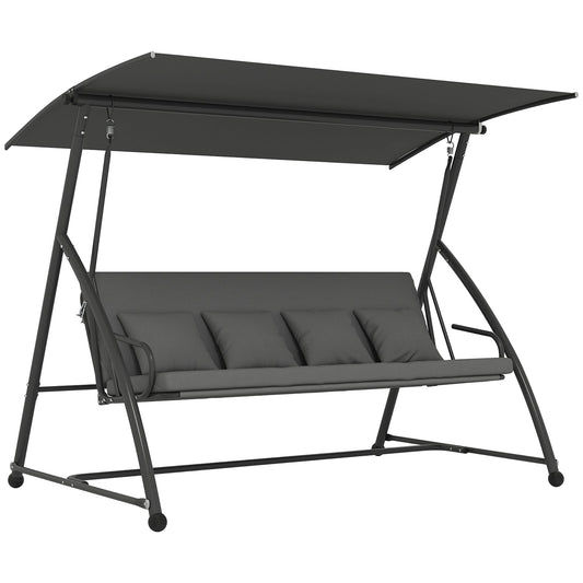 Patio Swing Chair, 3 Person Convertible Hammock, Outdoor Swing Lounge Bed, Cushioned with Tilt Canopy, Dark Grey