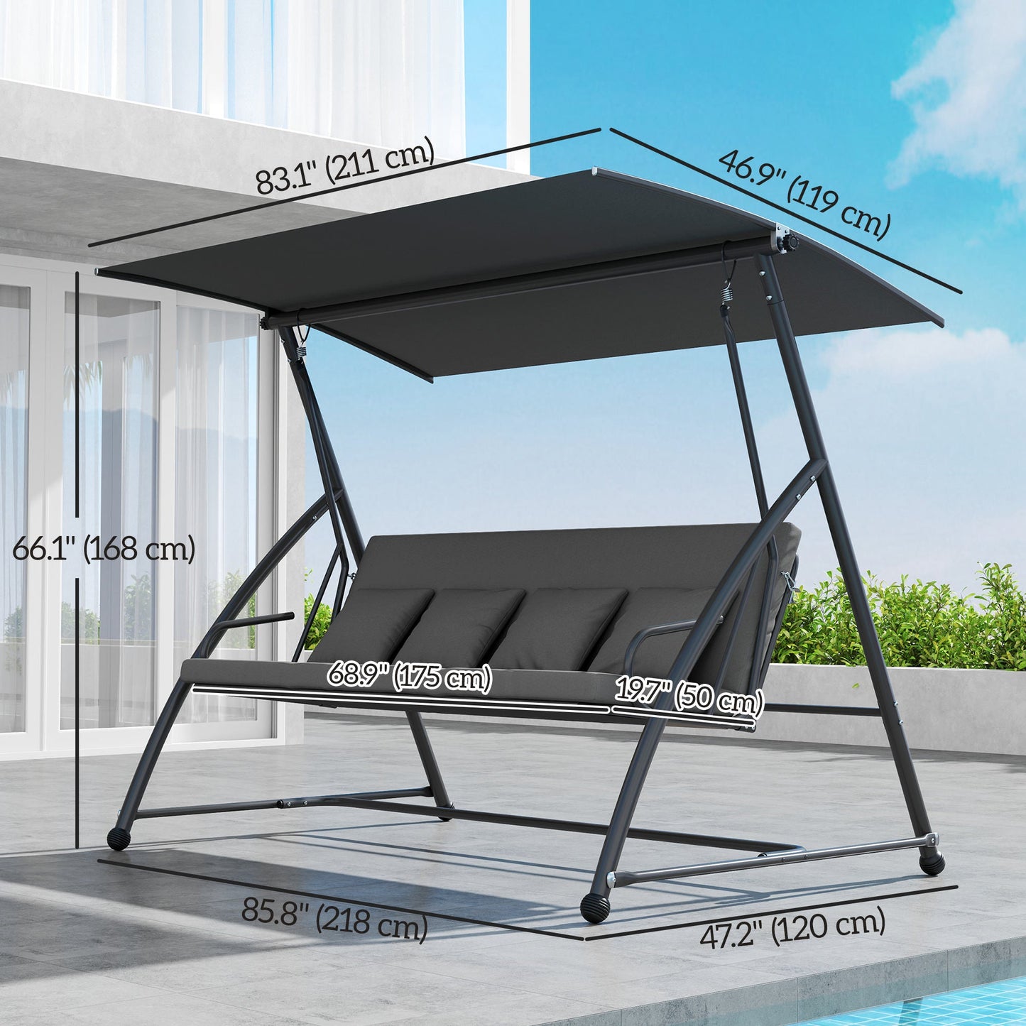 Patio Swing Chair, 3 Person Convertible Hammock, Outdoor Swing Lounge Bed, Cushioned with Tilt Canopy, Dark Grey