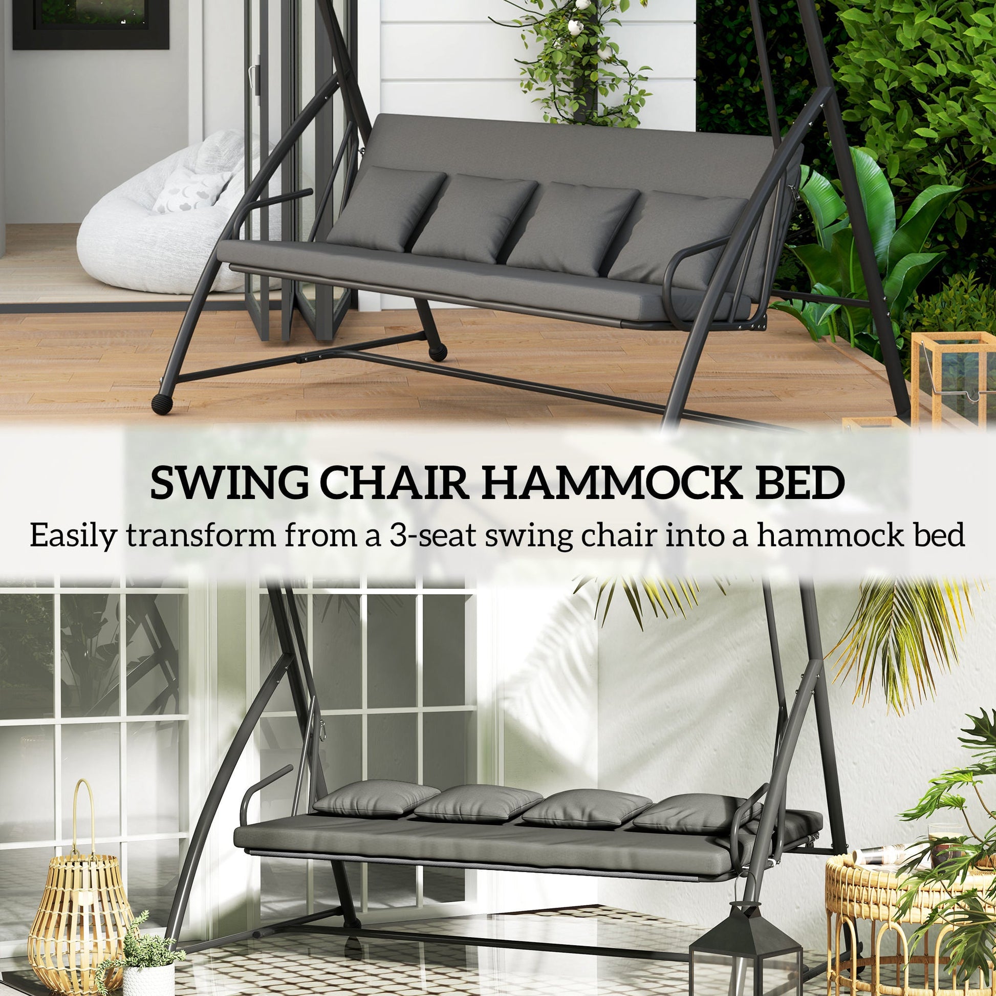 Patio Swing Chair, 3 Person Convertible Hammock, Outdoor Swing Lounge Bed, Cushioned with Tilt Canopy, Dark Grey