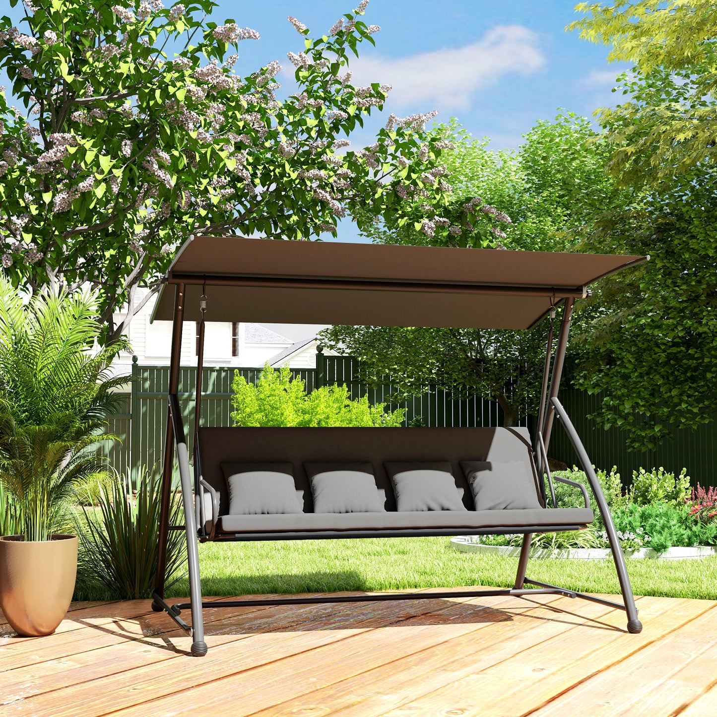 Patio Swing Chair, 3 Person Convertible Hammock, Outdoor Swing Lounge Bed, Cushioned with Tilt Canopy, Dark Grey