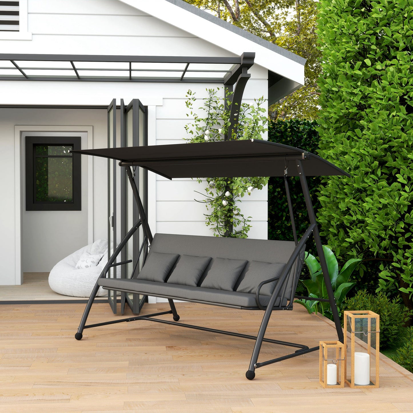 Patio Swing Chair, 3 Person Convertible Hammock, Outdoor Swing Lounge Bed, Cushioned with Tilt Canopy, Dark Grey