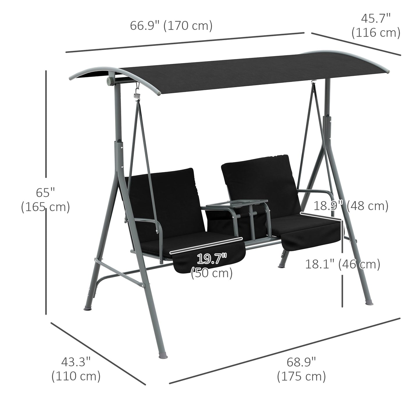 2 Person Porch Swing, Patio Swing Chair with Adjustable Canopy, Table and Storage bag for Outdoor, Garden, Backyard, Poolside, Black