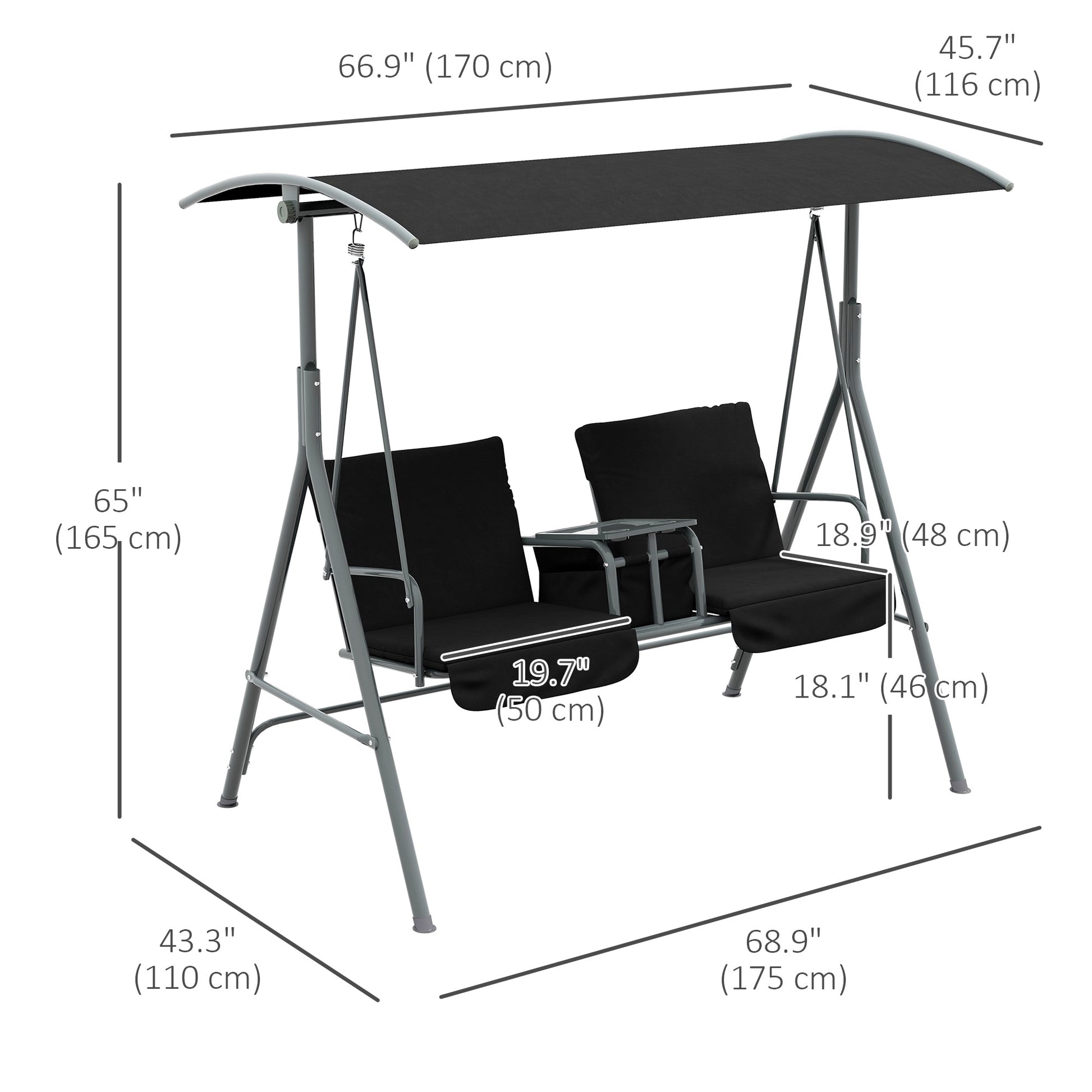 2 Person Porch Swing, Patio Swing Chair with Adjustable Canopy, Table and Storage bag for Outdoor, Garden, Backyard, Poolside, Black