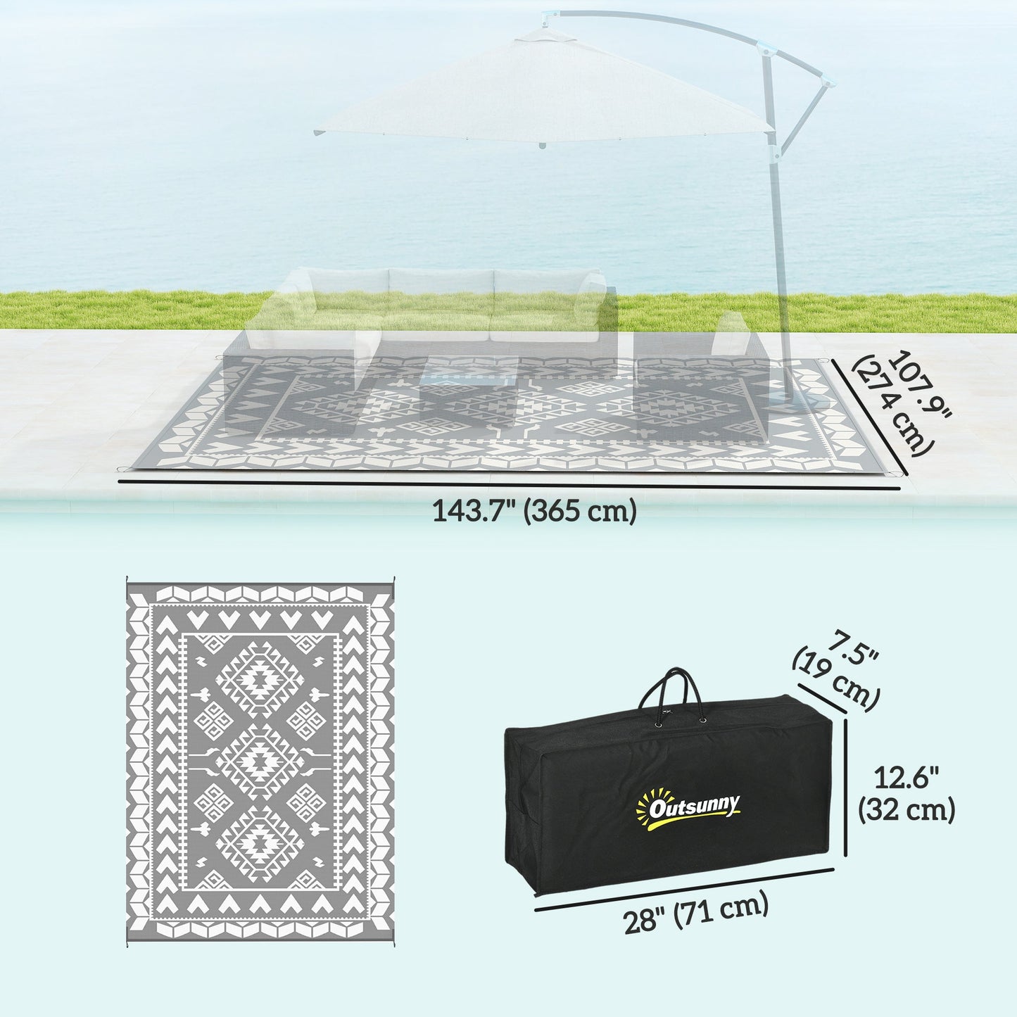 Reversible Outdoor RV Rug with Carry Bag, 9' x 12' Patio Floor Mat, Plastic Straw Rug for Backyard, Deck, Picnic, Beach, Camping, Rhombus Patchwork, Grey and White