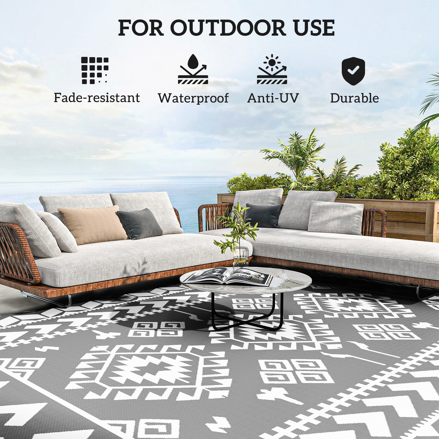 Reversible Outdoor RV Rug with Carry Bag, 9' x 12' Patio Floor Mat, Plastic Straw Rug for Backyard, Deck, Picnic, Beach, Camping, Rhombus Patchwork, Grey and White