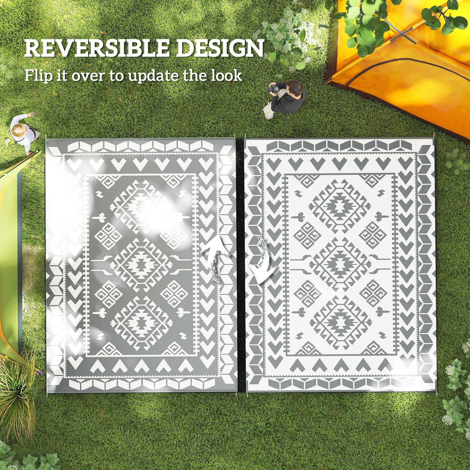 Reversible Outdoor RV Rug with Carry Bag, 9' x 12' Patio Floor Mat, Plastic Straw Rug for Backyard, Deck, Picnic, Beach, Camping, Rhombus Patchwork, Grey and White