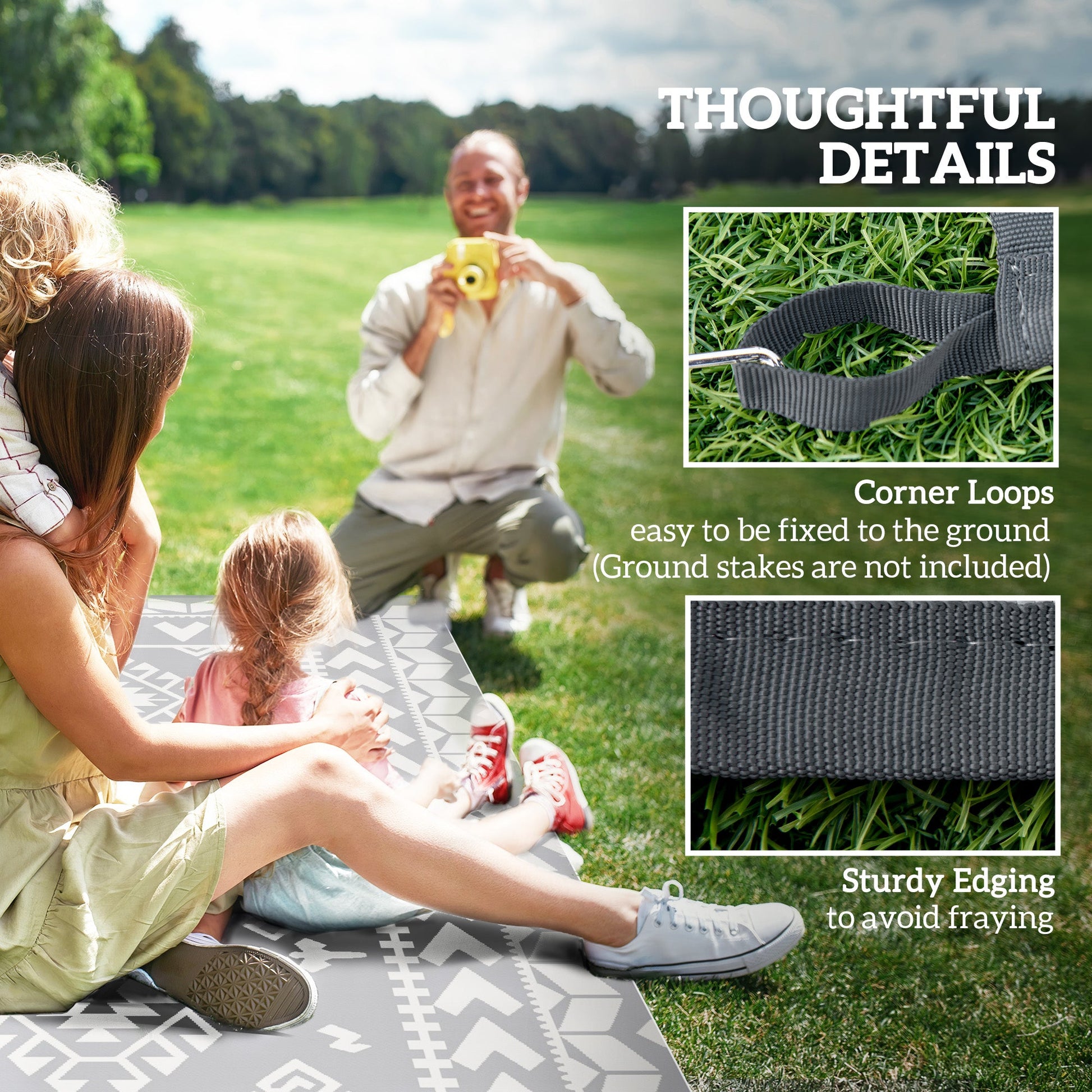 Reversible Outdoor RV Rug with Carry Bag, 9' x 12' Patio Floor Mat, Plastic Straw Rug for Backyard, Deck, Picnic, Beach, Camping, Rhombus Patchwork, Grey and White