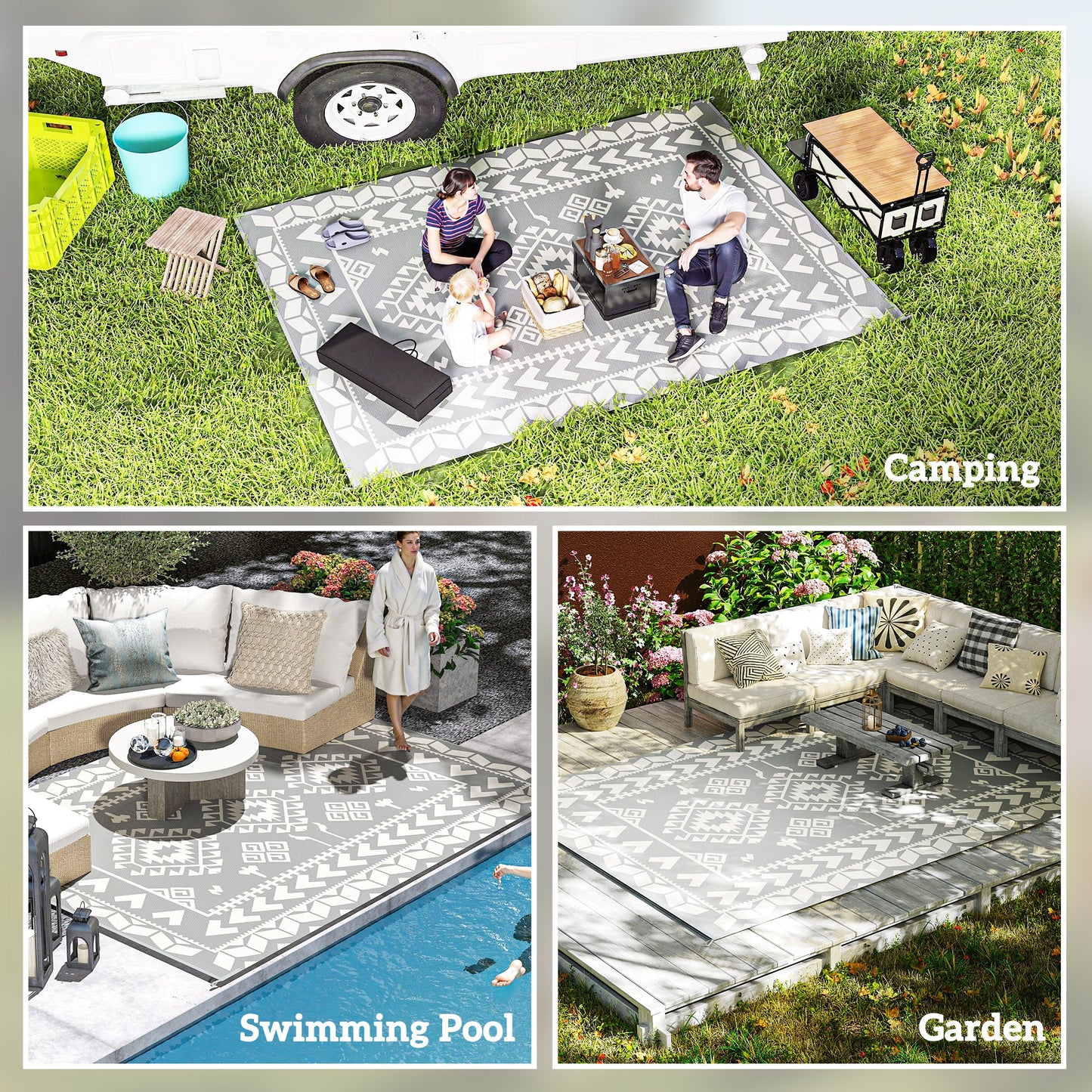 Reversible Outdoor RV Rug with Carry Bag, 9' x 12' Patio Floor Mat, Plastic Straw Rug for Backyard, Deck, Picnic, Beach, Camping, Rhombus Patchwork, Grey and White