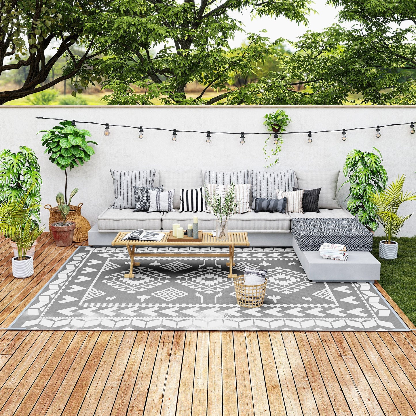 Reversible Outdoor RV Rug with Carry Bag, 9' x 12' Patio Floor Mat, Plastic Straw Rug for Backyard, Deck, Picnic, Beach, Camping, Rhombus Patchwork, Grey and White