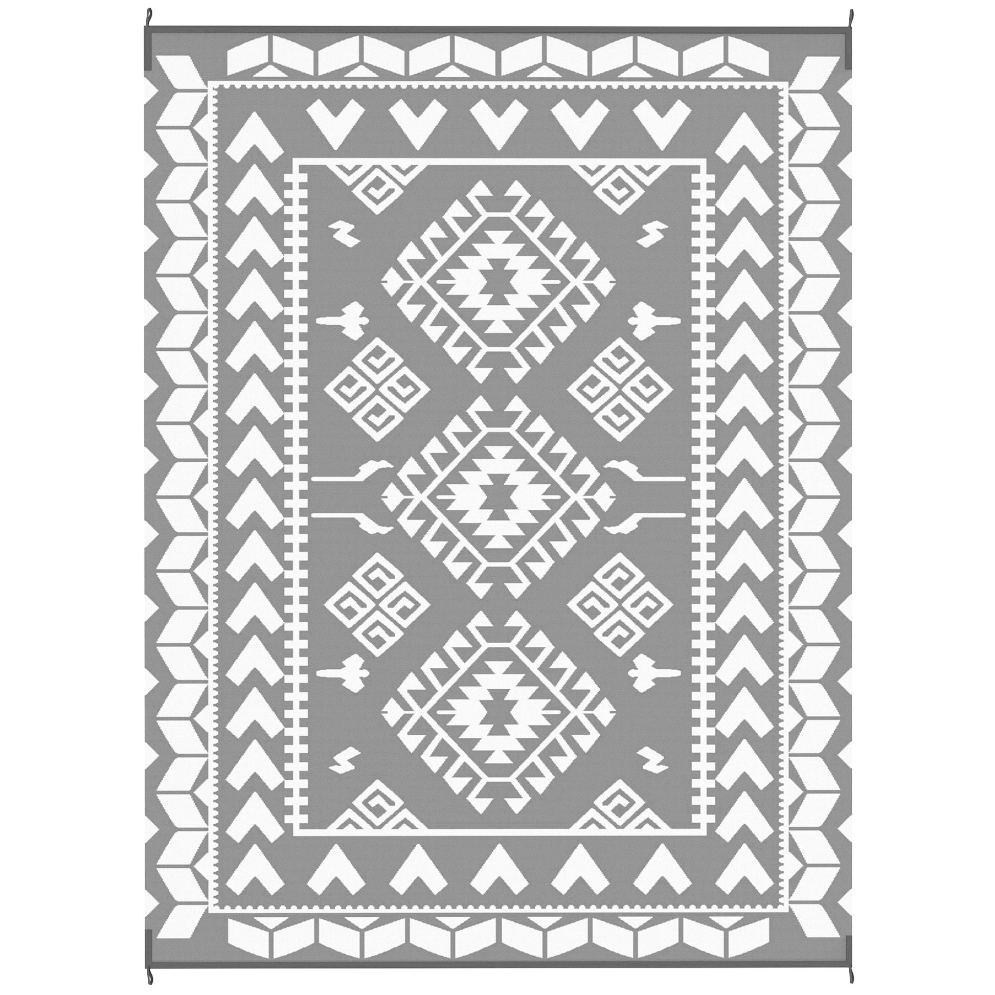 Reversible Outdoor RV Rug with Carry Bag, 9' x 12' Patio Floor Mat, Plastic Straw Rug for Backyard, Deck, Picnic, Beach, Camping, Rhombus Patchwork, Grey and White