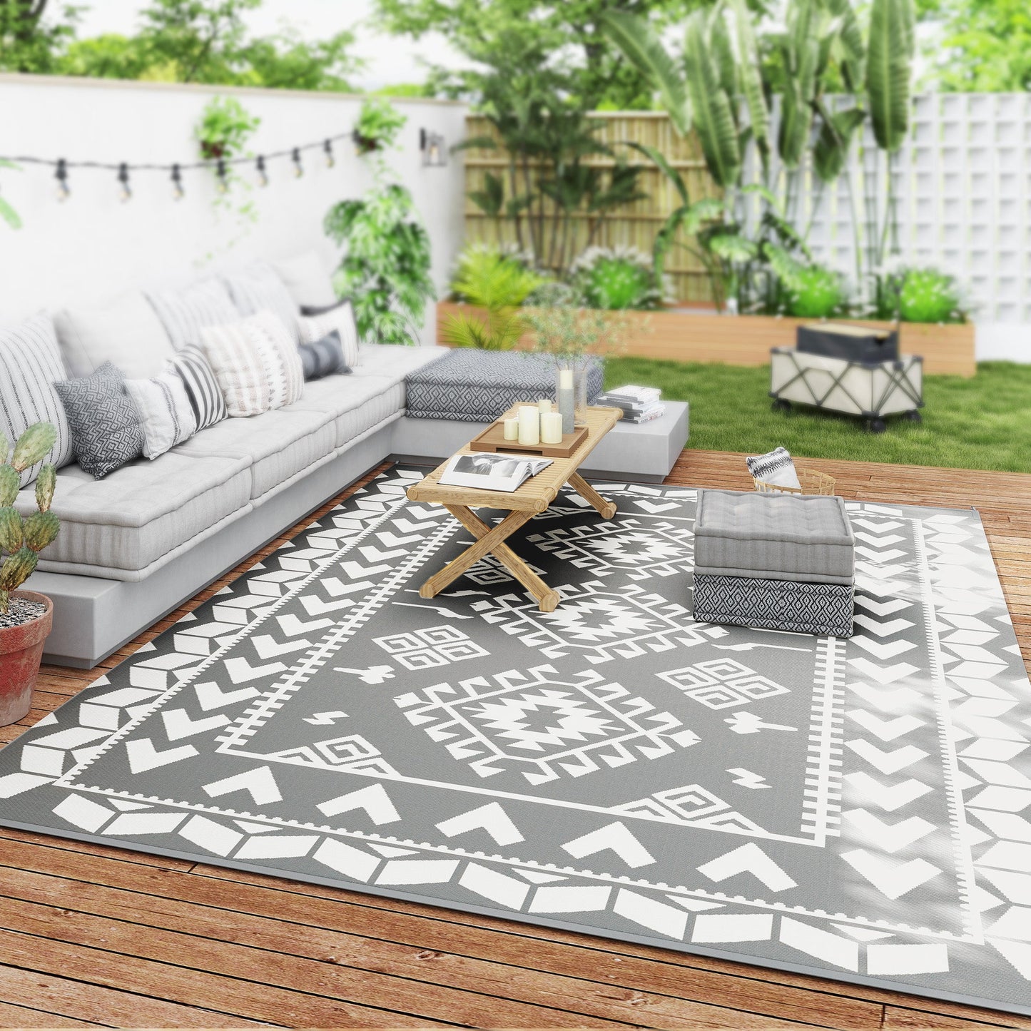 Reversible Outdoor RV Rug with Carry Bag, 9' x 12' Patio Floor Mat, Plastic Straw Rug for Backyard, Deck, Picnic, Beach, Camping, Rhombus Patchwork, Grey and White
